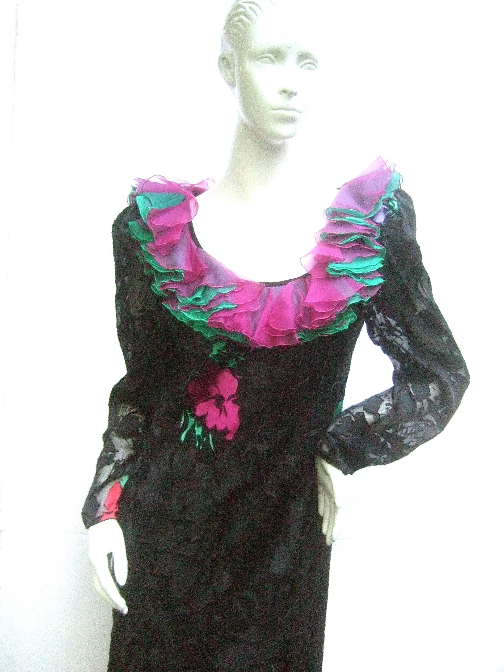 Judy Hornby Couture Black Silk Floral Burnout Dress c 1990 In Excellent Condition For Sale In University City, MO