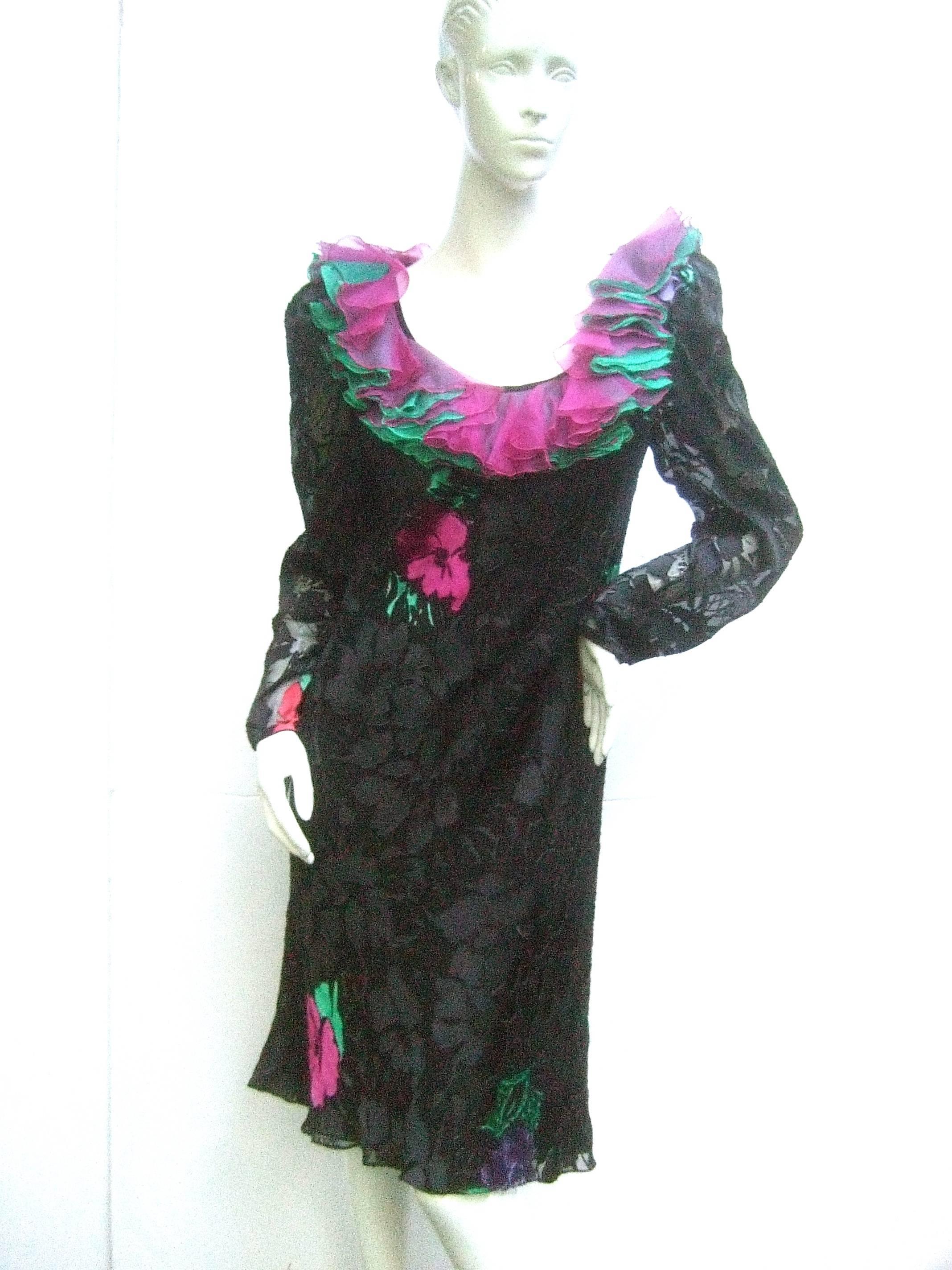 Judy Hornby Couture Black Silk Floral Burnout Dress c 1990 For Sale 1