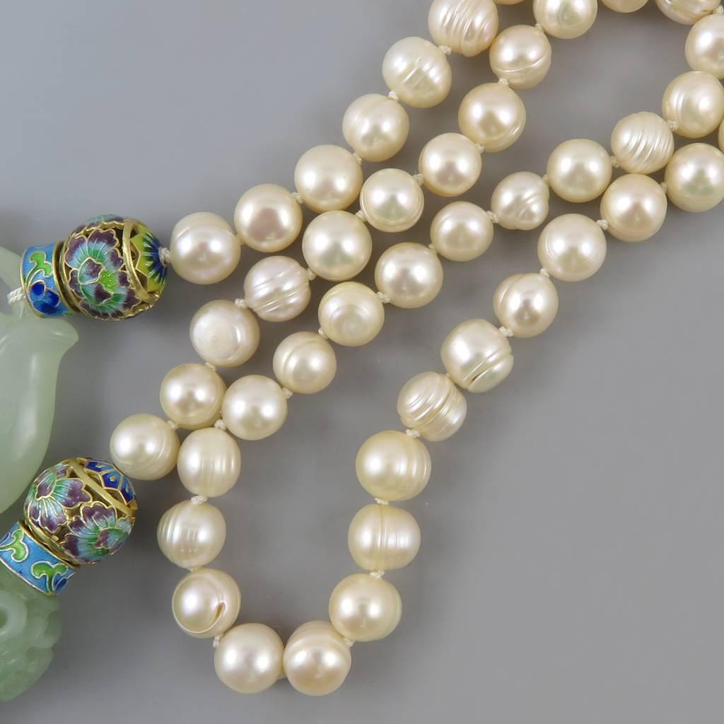 Romantic Gorgeous Carved Serpentine Koi Fish Necklace with Enamel and Freshwater Pearls. For Sale