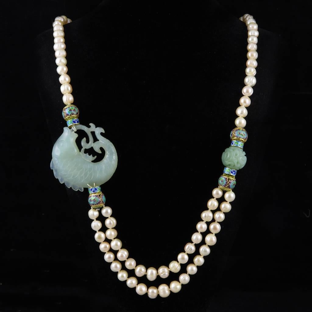 Gorgeous Carved Serpentine Koi Fish Necklace with Enamel and Freshwater Pearls. In Excellent Condition For Sale In University City, MO