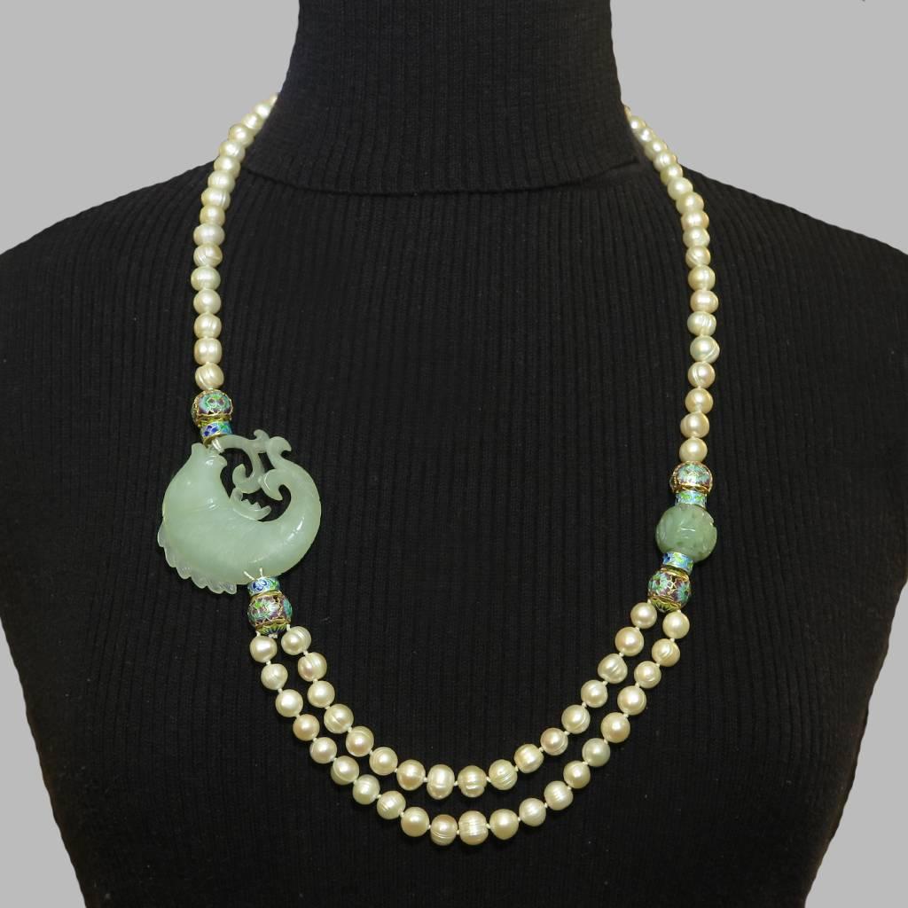 Women's or Men's Gorgeous Carved Serpentine Koi Fish Necklace with Enamel and Freshwater Pearls. For Sale