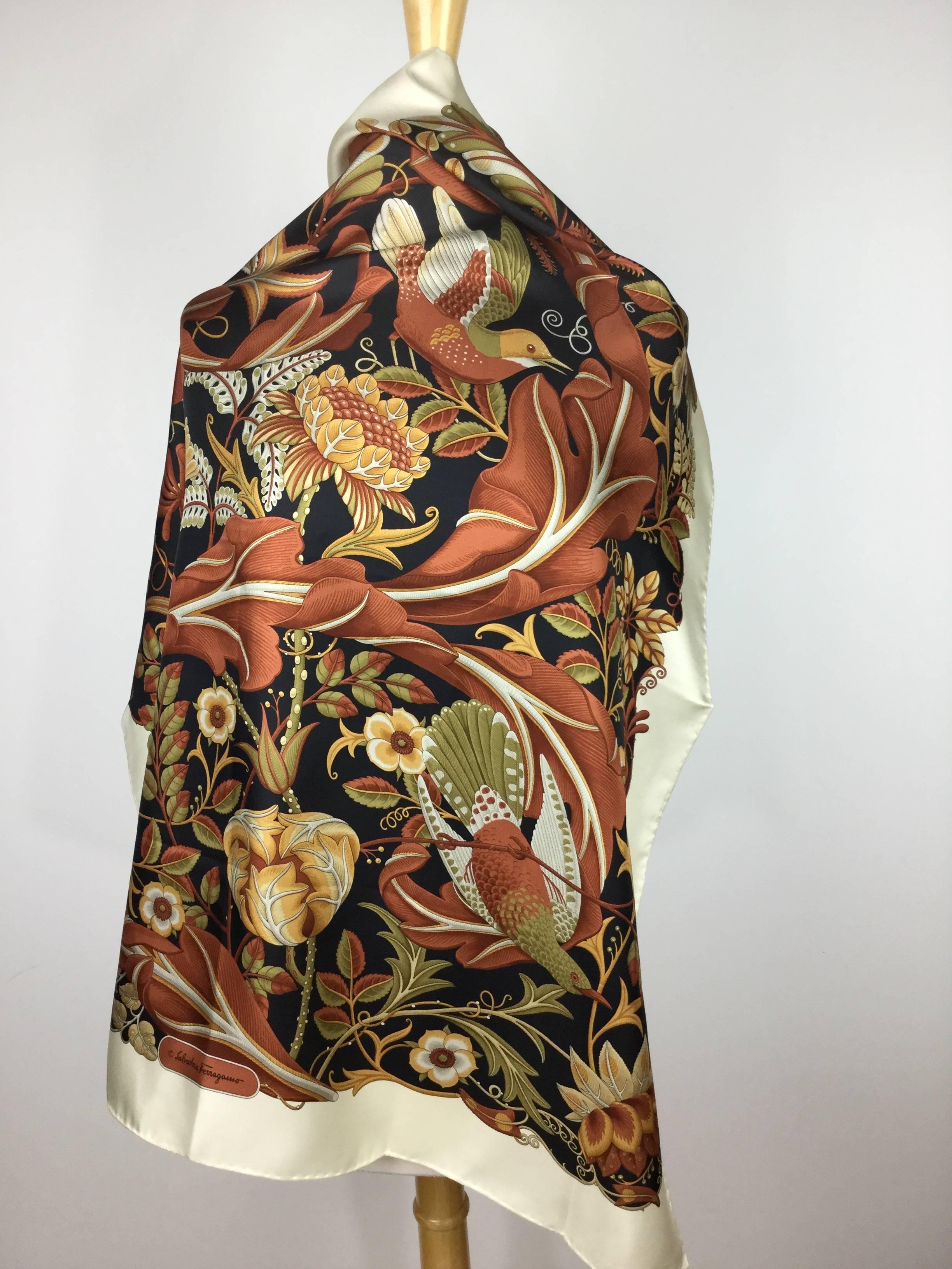 The is such a perfect scarf for the autumn/winter season. Deep, rich, colors and incredible attention to detail in the flora and fauna. Each bird is totally unique. The flowers and leaves are so intricate.  Superb quality. Hand rolled edges.