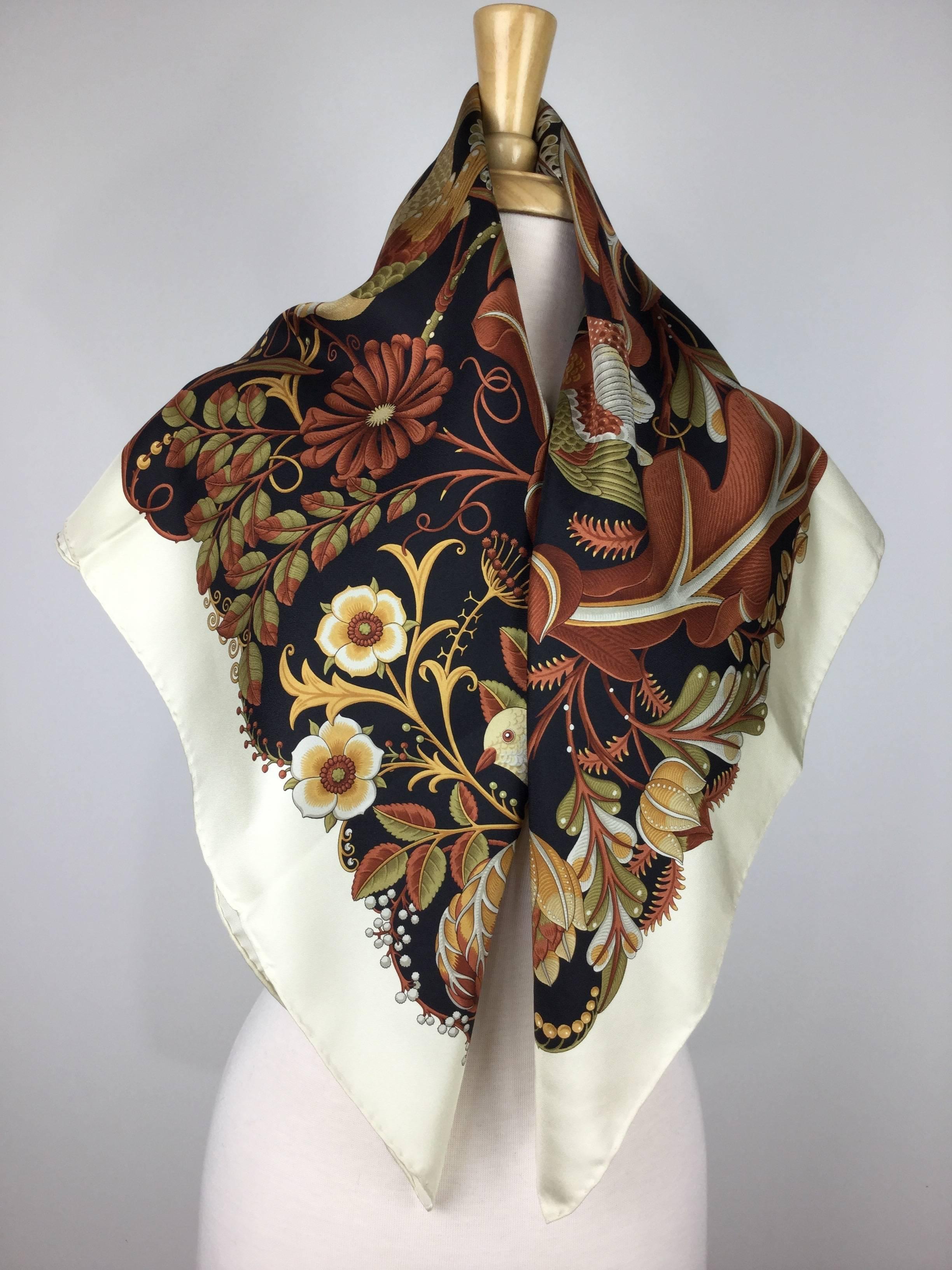 Brown Ferragamo Bird Themed Silk Twill Scarf. Rich Autumn/Winter Palette. 1980's.