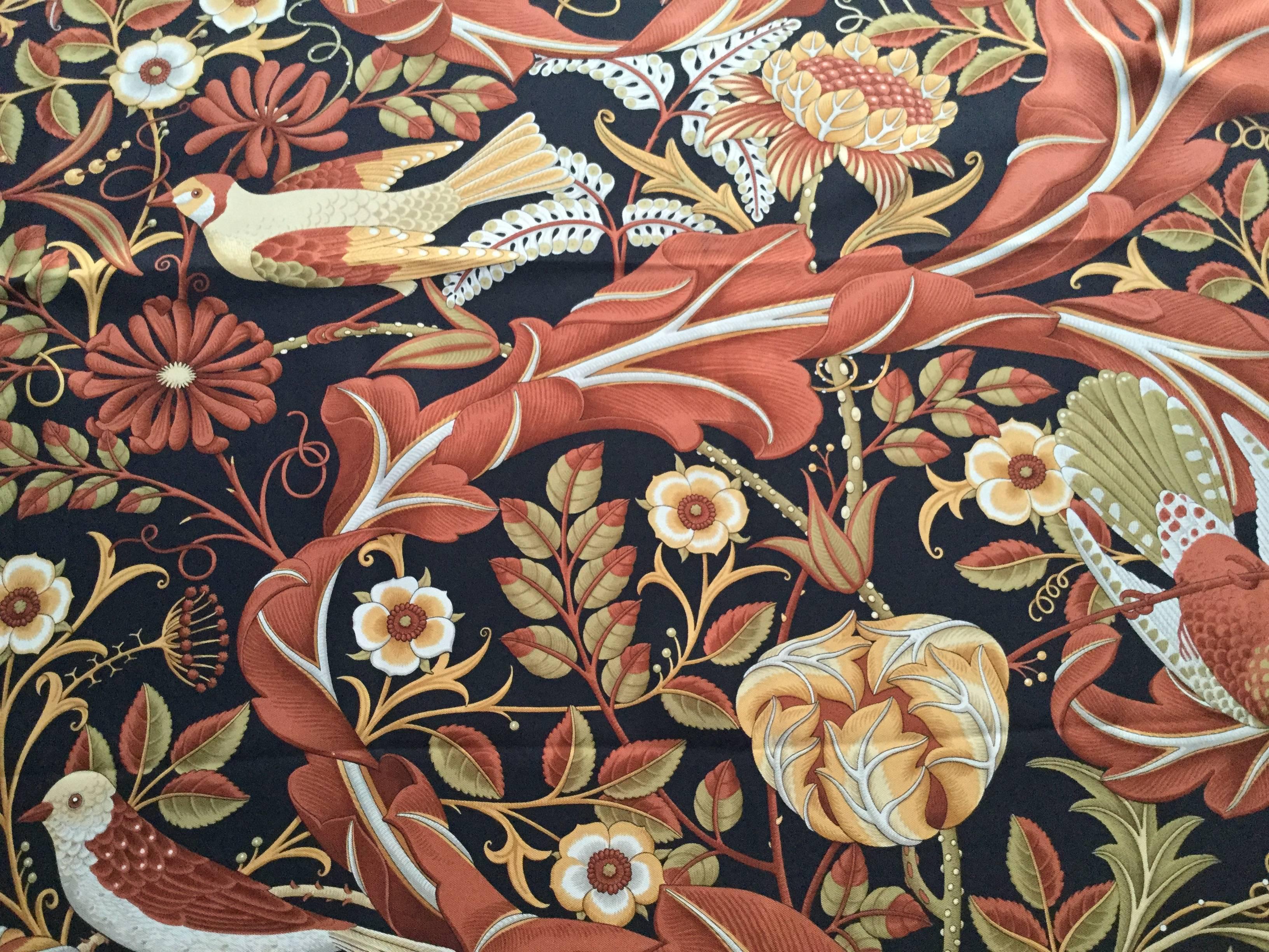 Women's or Men's Ferragamo Bird Themed Silk Twill Scarf. Rich Autumn/Winter Palette. 1980's.