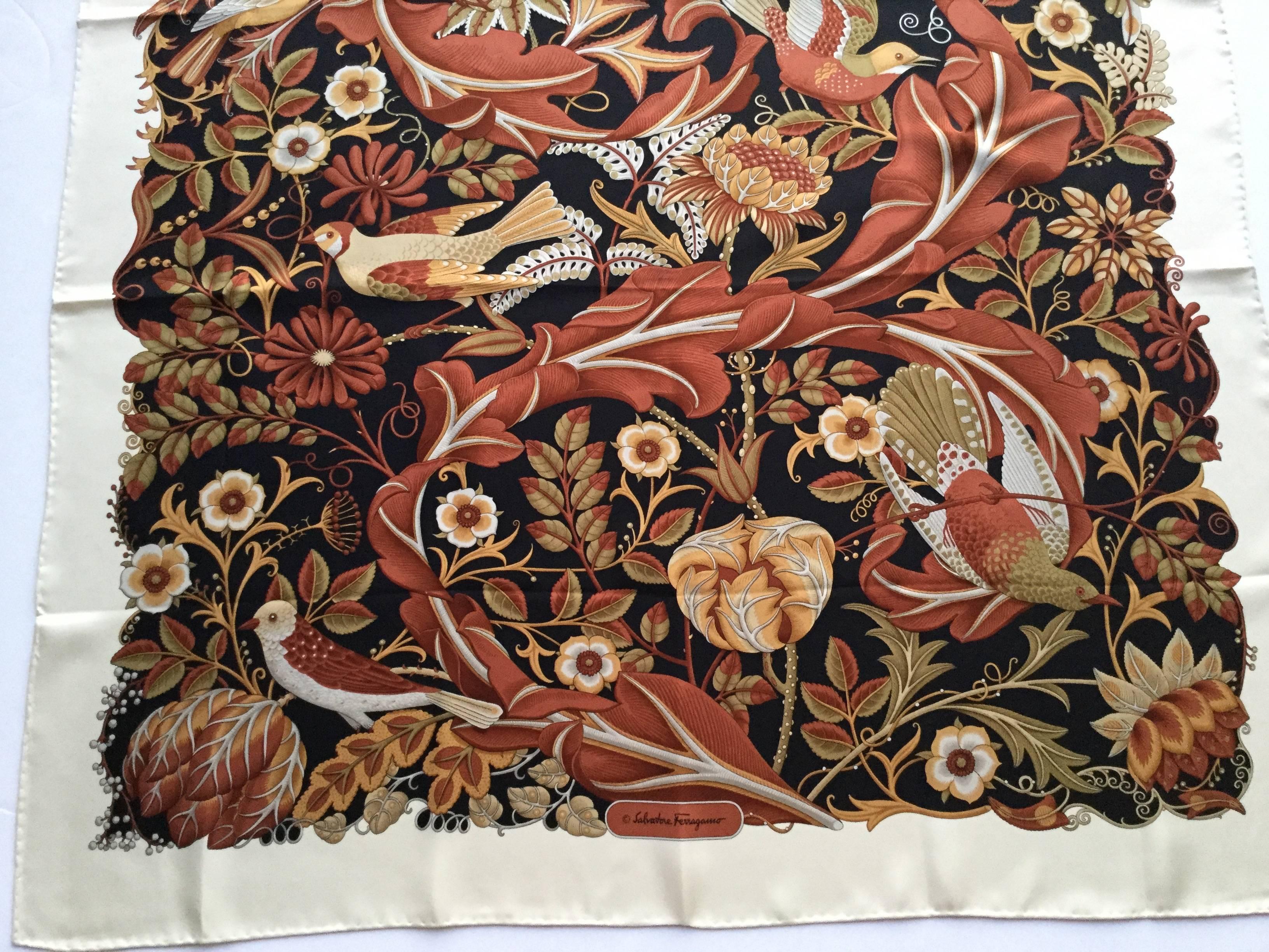 Ferragamo Bird Themed Silk Twill Scarf. Rich Autumn/Winter Palette. 1980's. 1