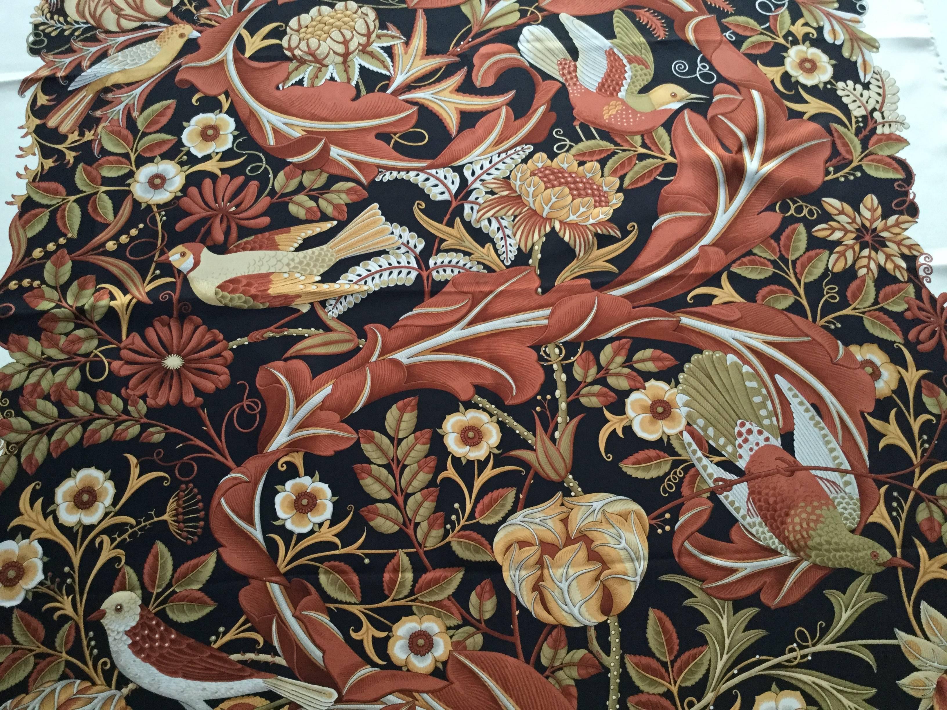 Ferragamo Bird Themed Silk Twill Scarf. Rich Autumn/Winter Palette. 1980's. 2