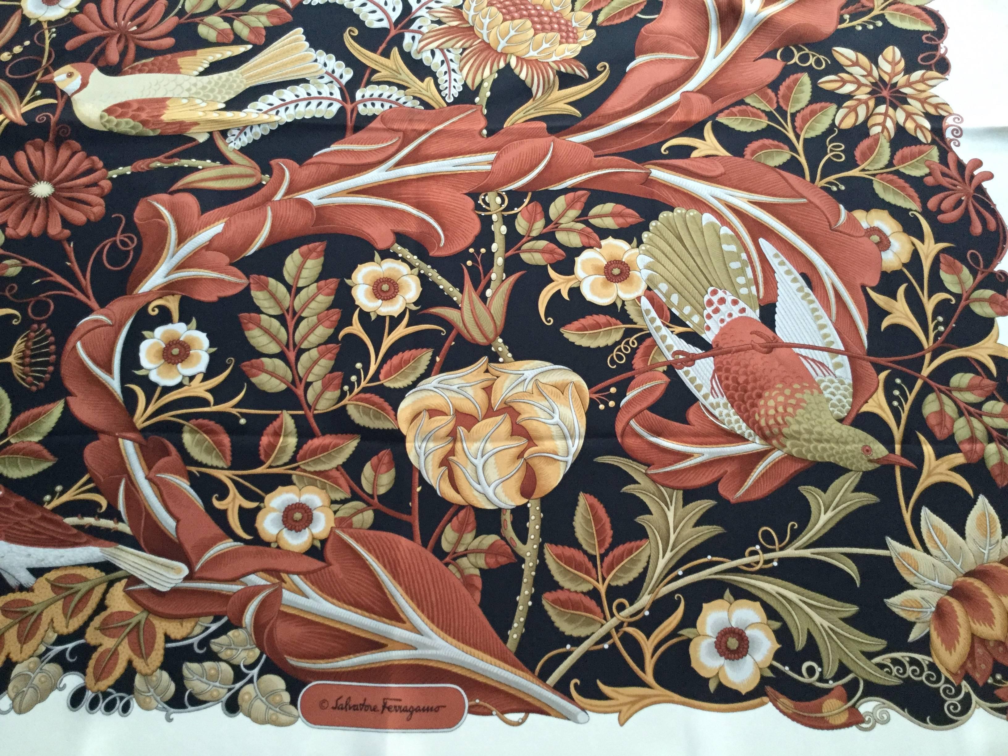 Ferragamo Bird Themed Silk Twill Scarf. Rich Autumn/Winter Palette. 1980's. 3