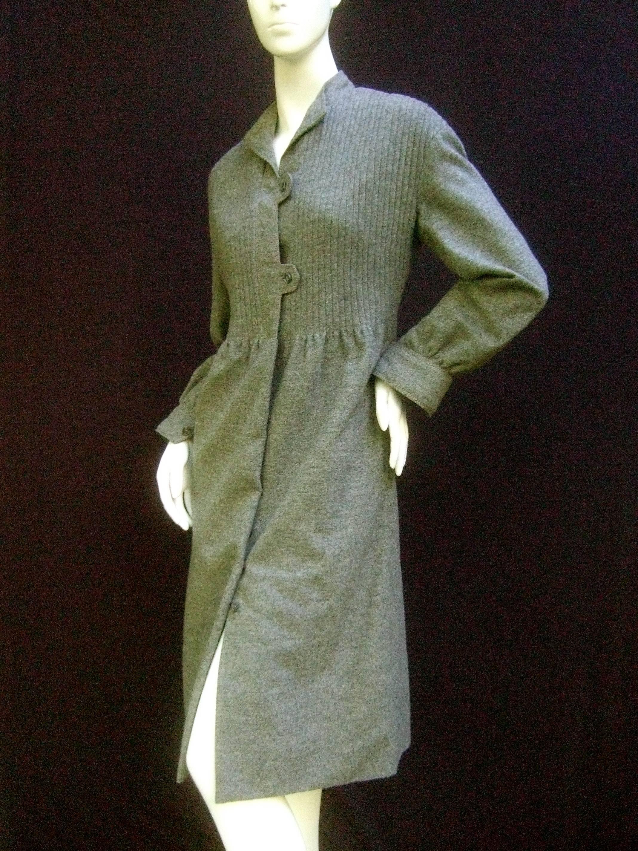 Galanos Luxurious Gray Flannel Coat Dress c 1970 In Fair Condition For Sale In University City, MO