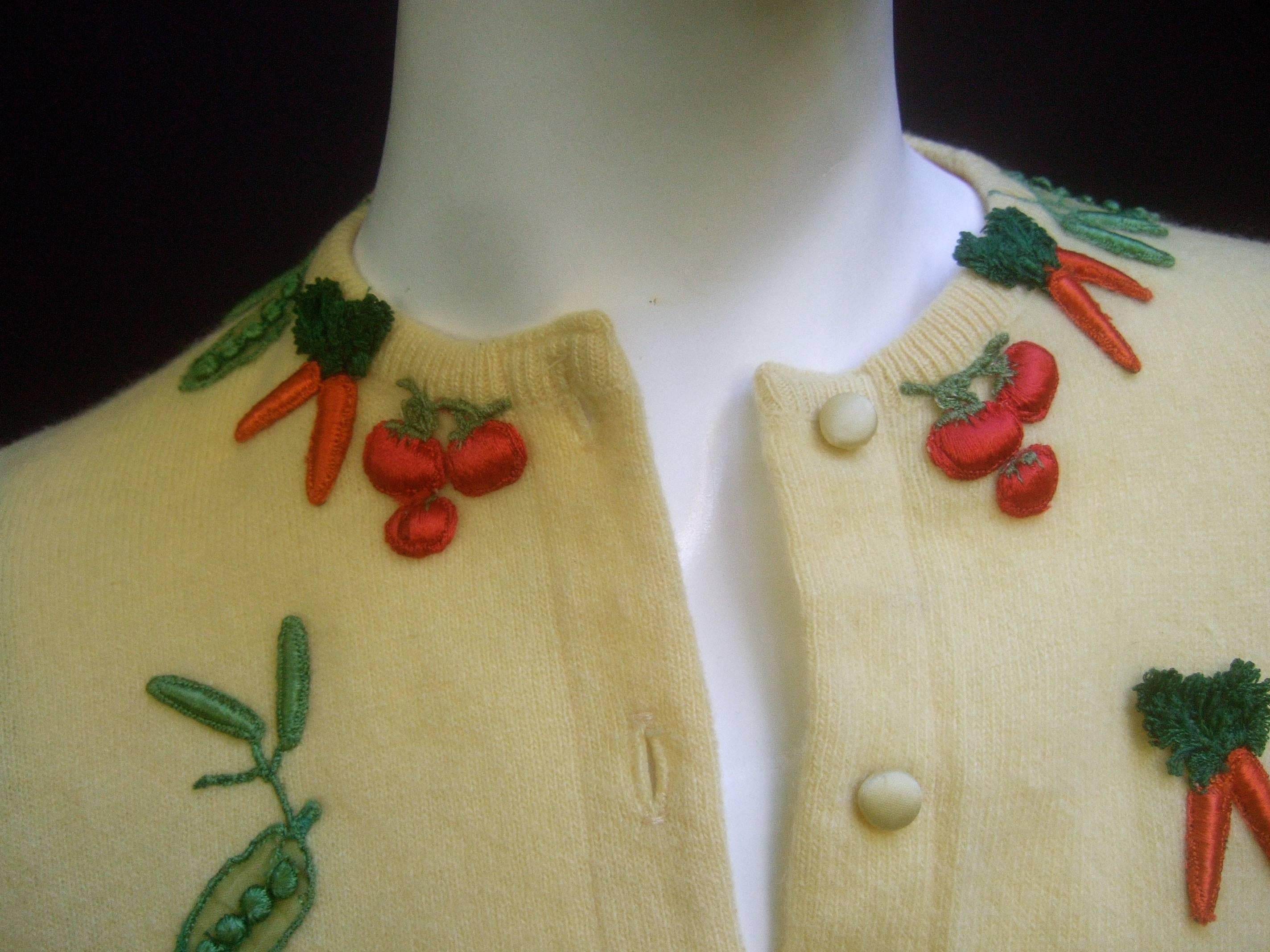 Whimsical Buttercup Yellow Cashmere Vegetable Theme Cardigan by Dalton c 1960  In Excellent Condition In University City, MO