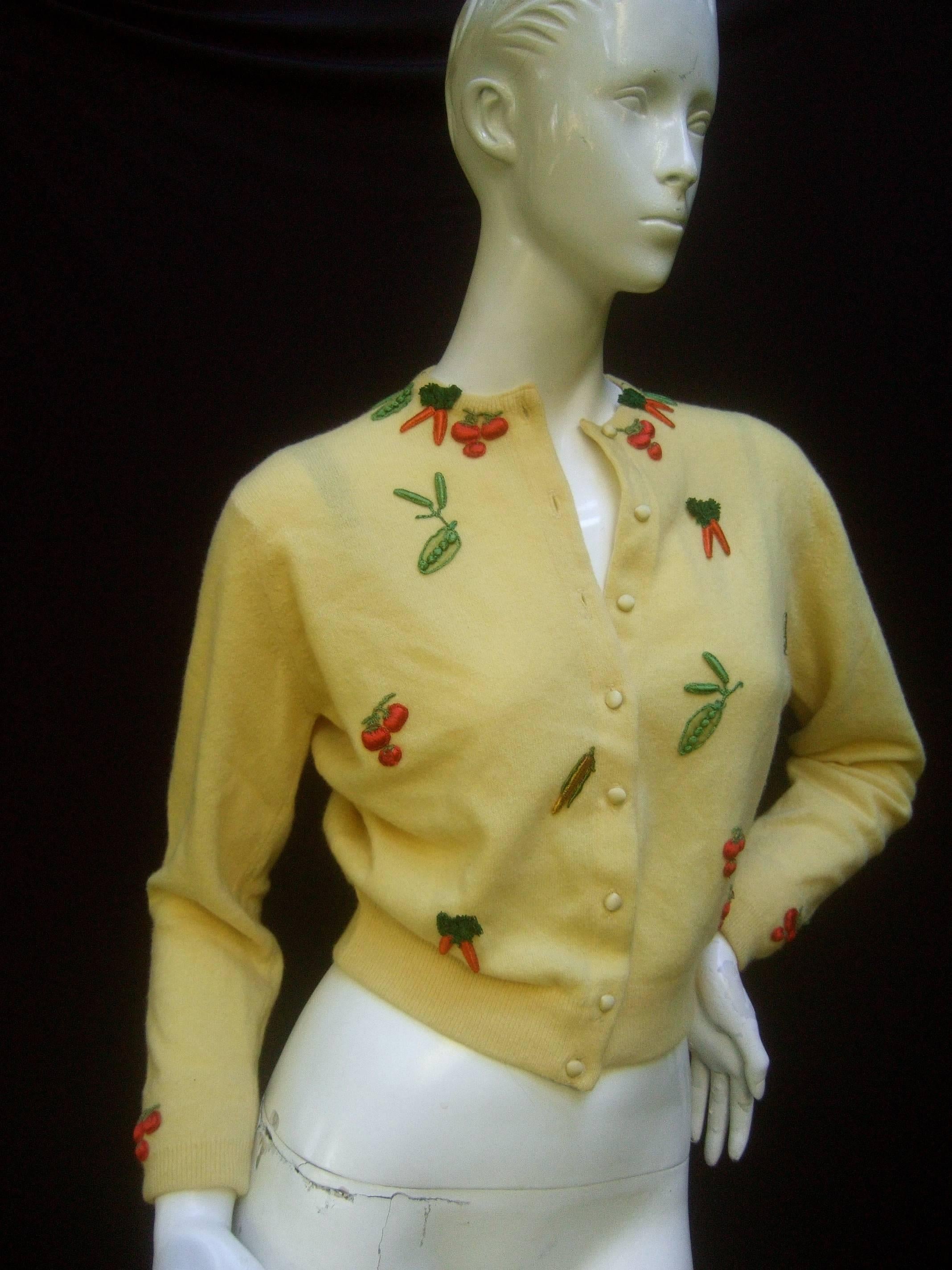 Women's Whimsical Buttercup Yellow Cashmere Vegetable Theme Cardigan by Dalton c 1960 