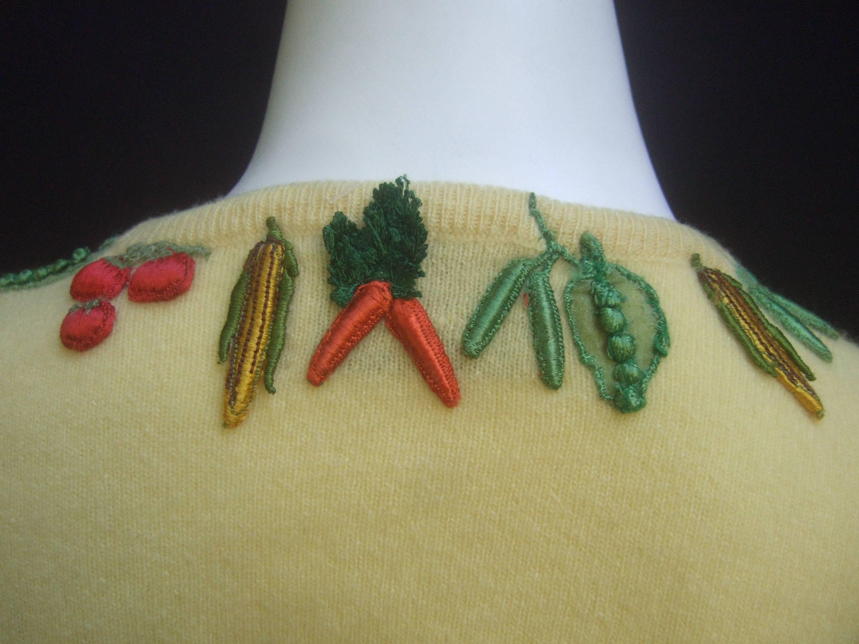 Whimsical Buttercup Yellow Cashmere Vegetable Theme Cardigan by Dalton c 1960  2