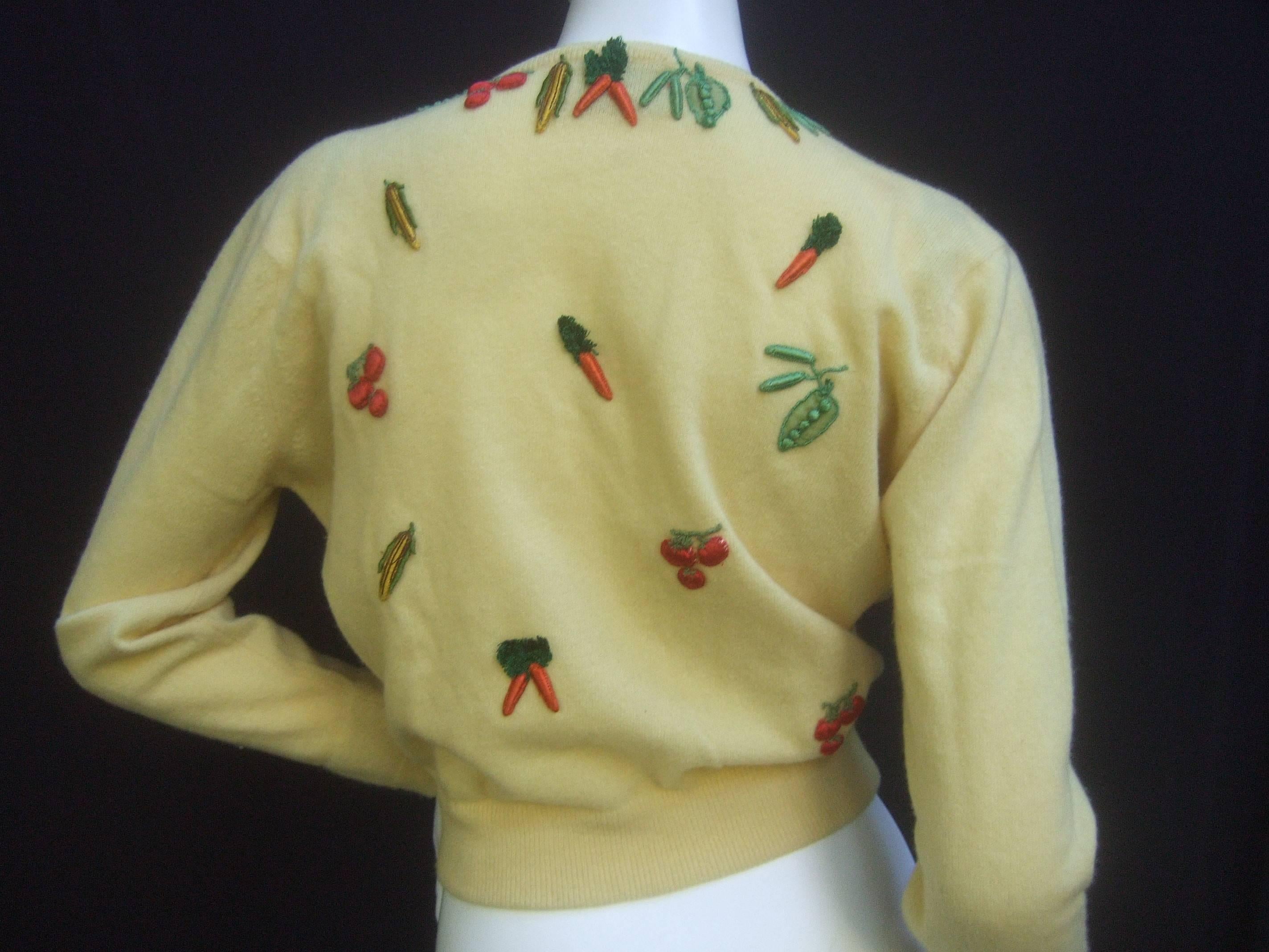 Whimsical Buttercup Yellow Cashmere Vegetable Theme Cardigan by Dalton c 1960  3