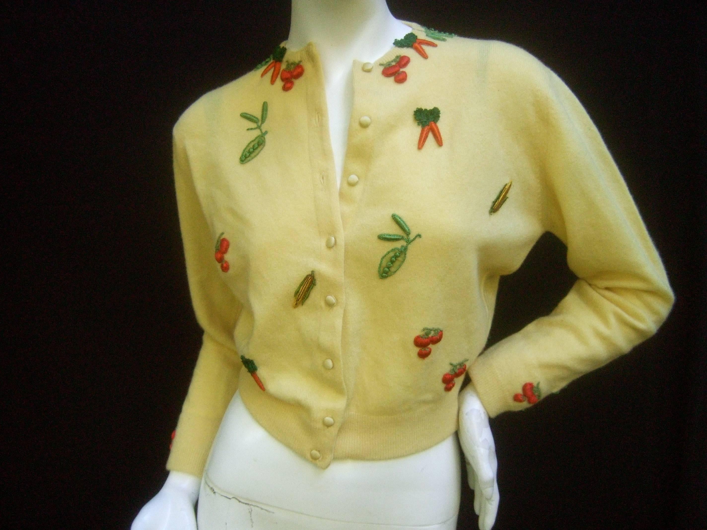 Whimsical Buttercup Yellow Cashmere Vegetable Theme Cardigan by Dalton c 1960  1