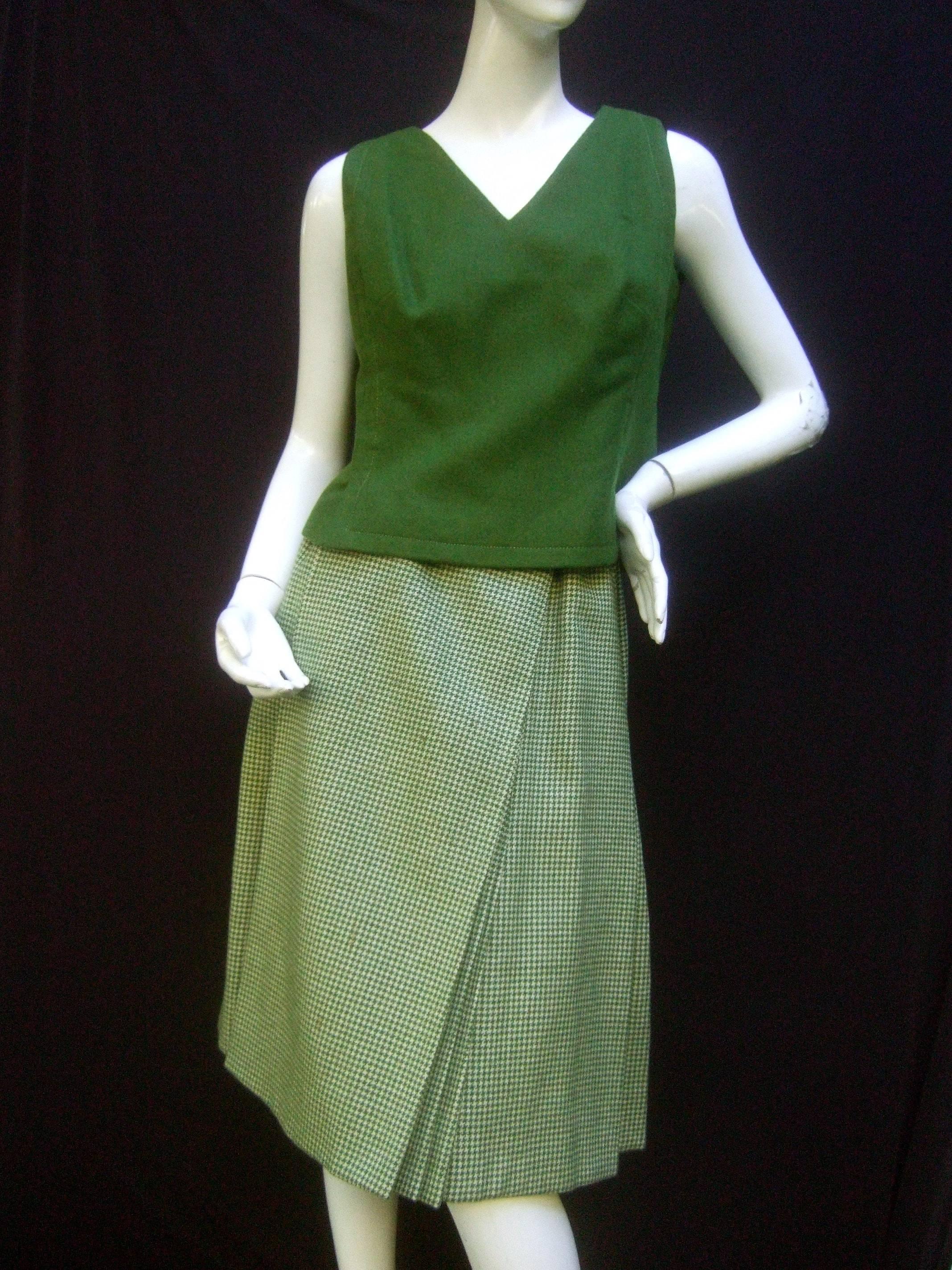Galanos 1970s Green Wool Houndstooth 3pc Skirt Suit Ensemble  1