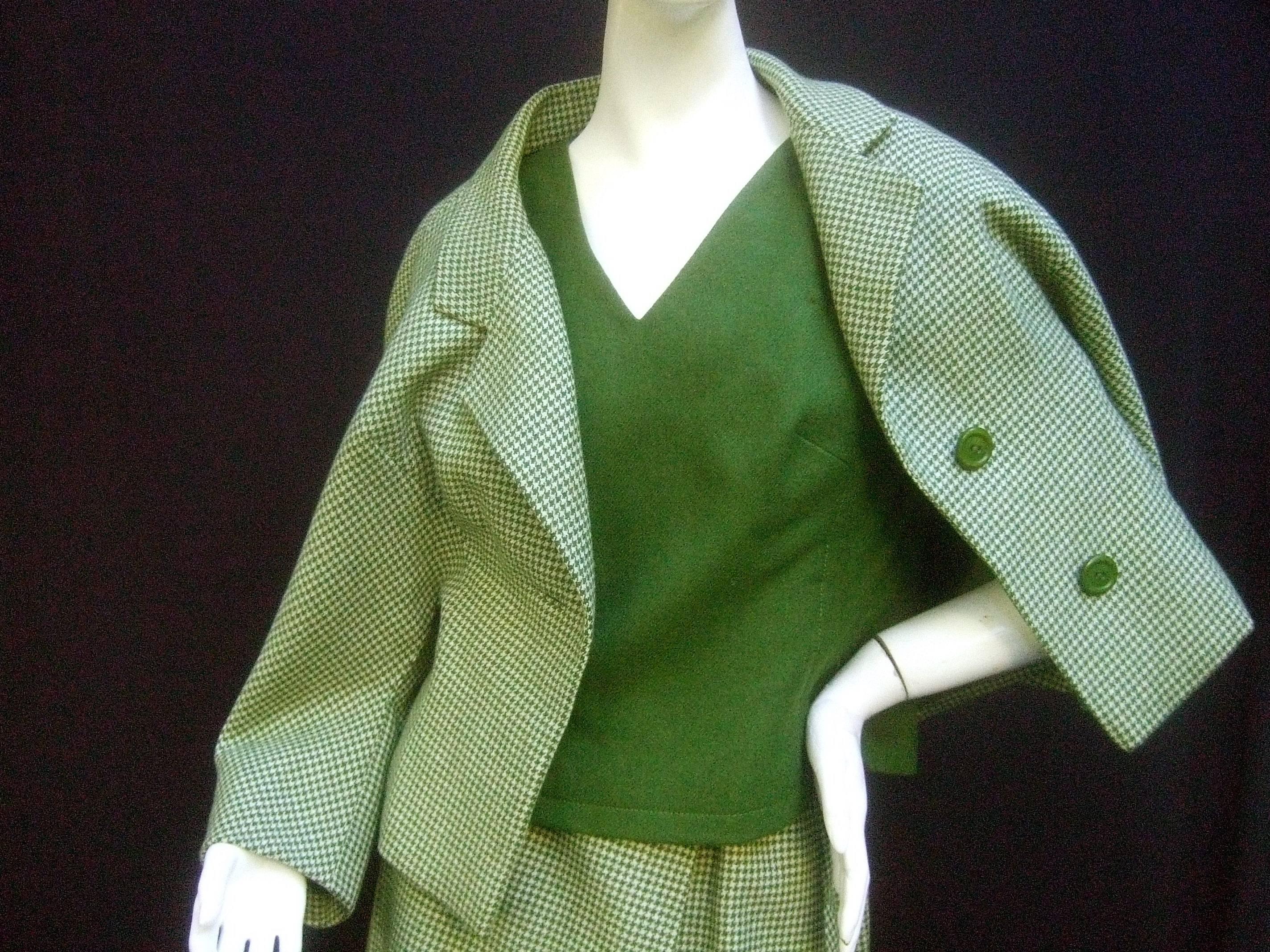 Women's Galanos 1970s Green Wool Houndstooth 3pc Skirt Suit Ensemble 