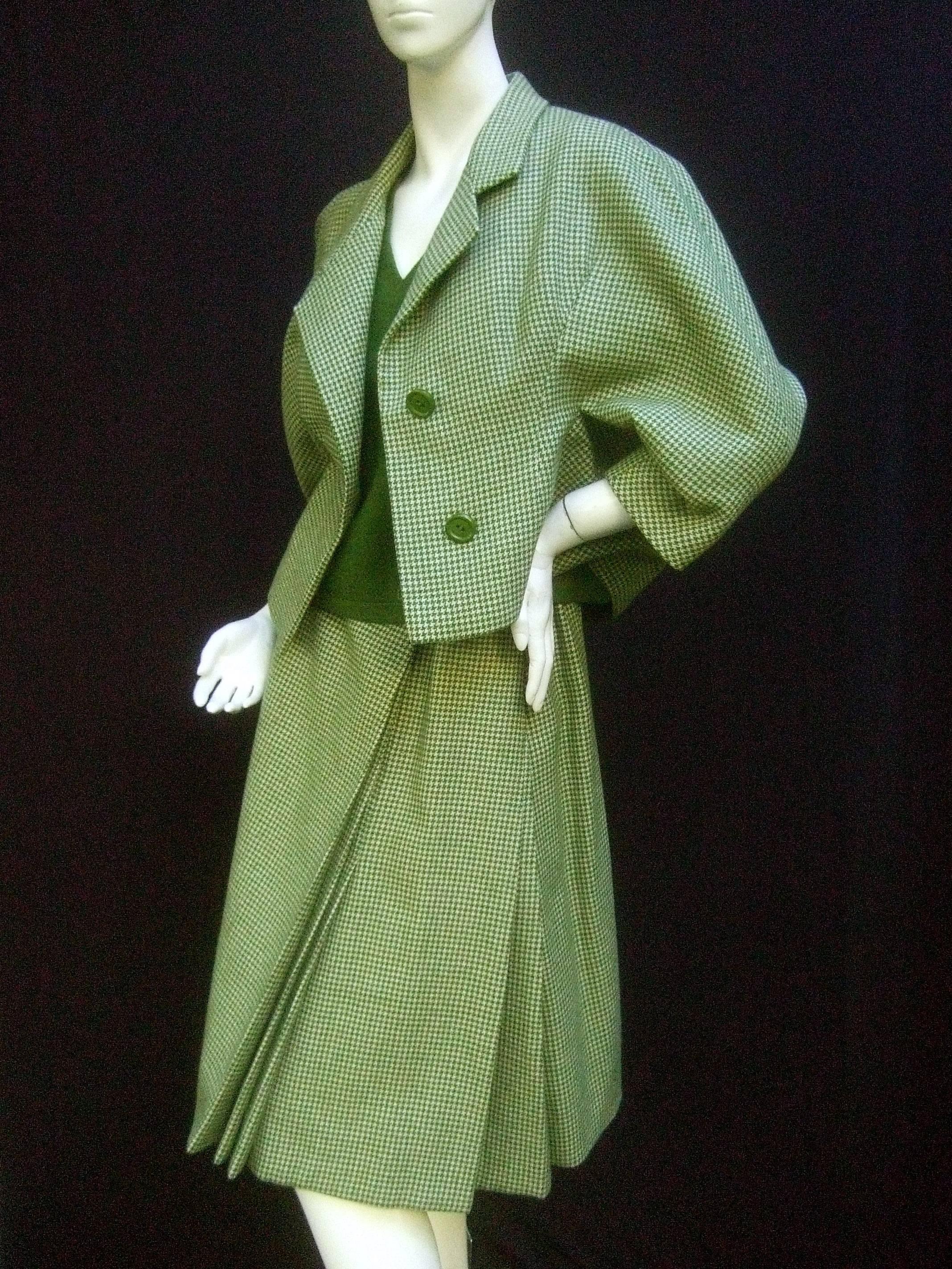 Galanos 1970s Green Wool Houndstooth 3pc Skirt Suit Ensemble  3