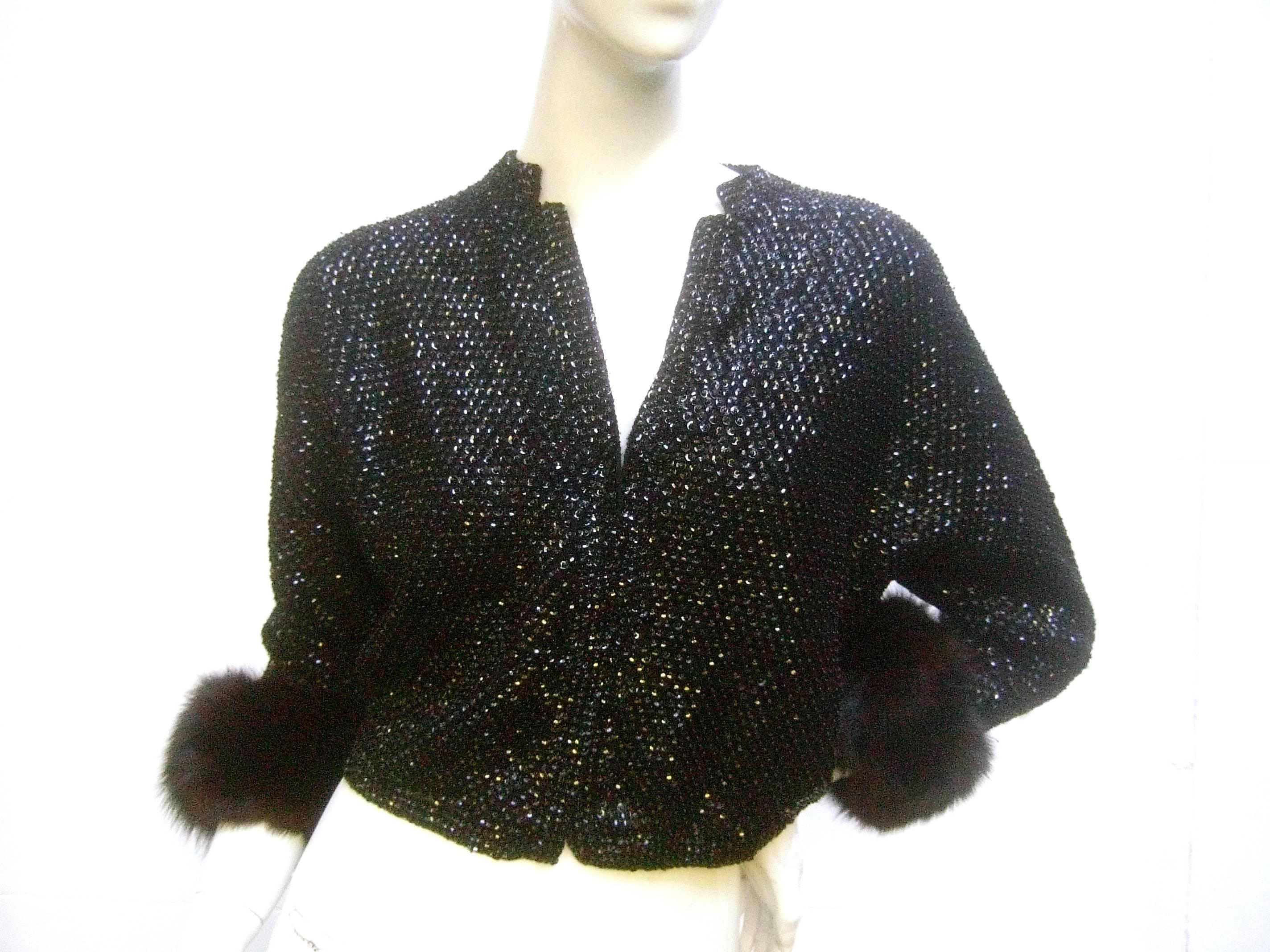 Saks Fifth Avenue Elegant Black Sequined Fox Trim Cardigan c 1970s  In Excellent Condition In University City, MO