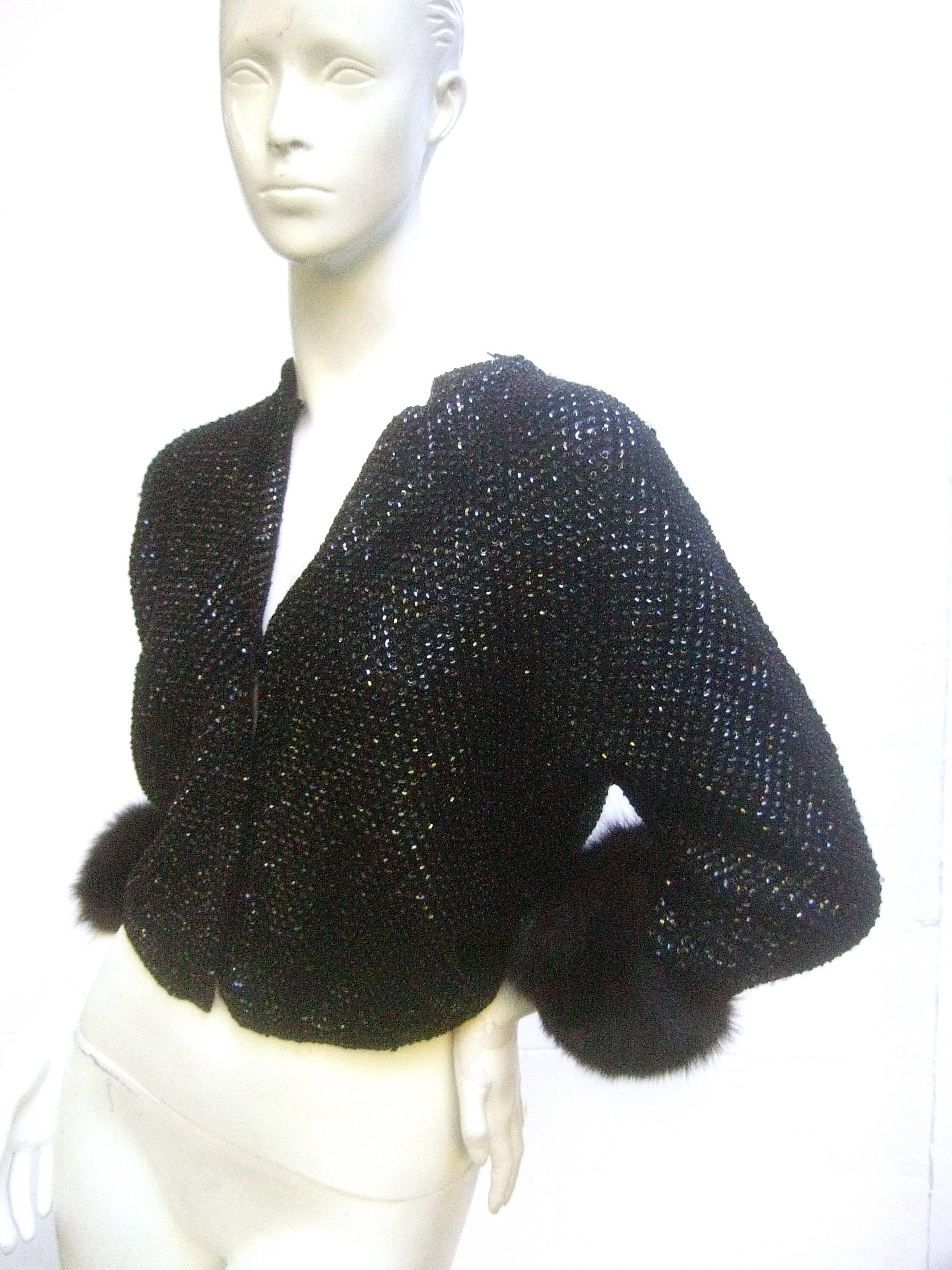 Saks Fifth Avenue Elegant Black Sequined Fox Trim Cardigan c 1970s  1