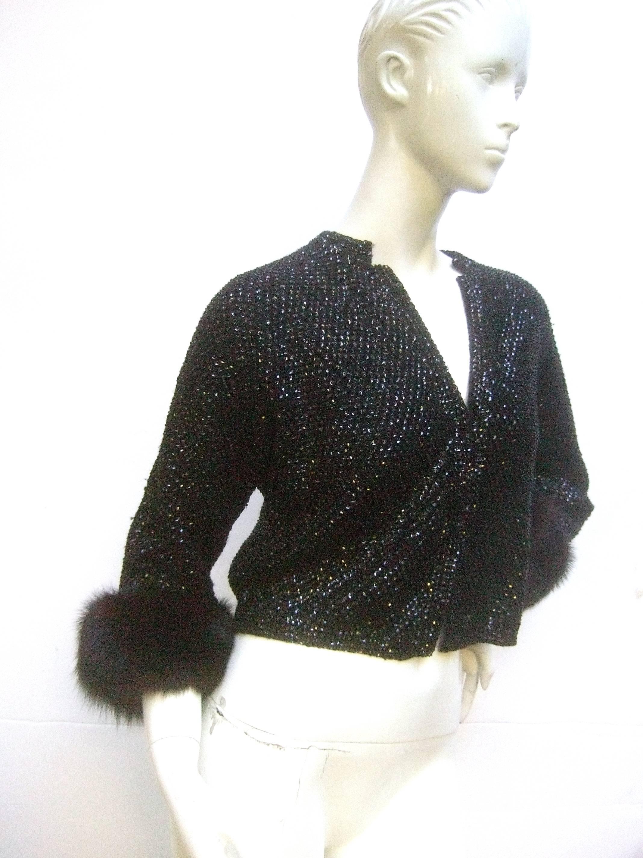 Saks Fifth Avenue Elegant Black Sequined Fox Trim Cardigan c 1970s  3