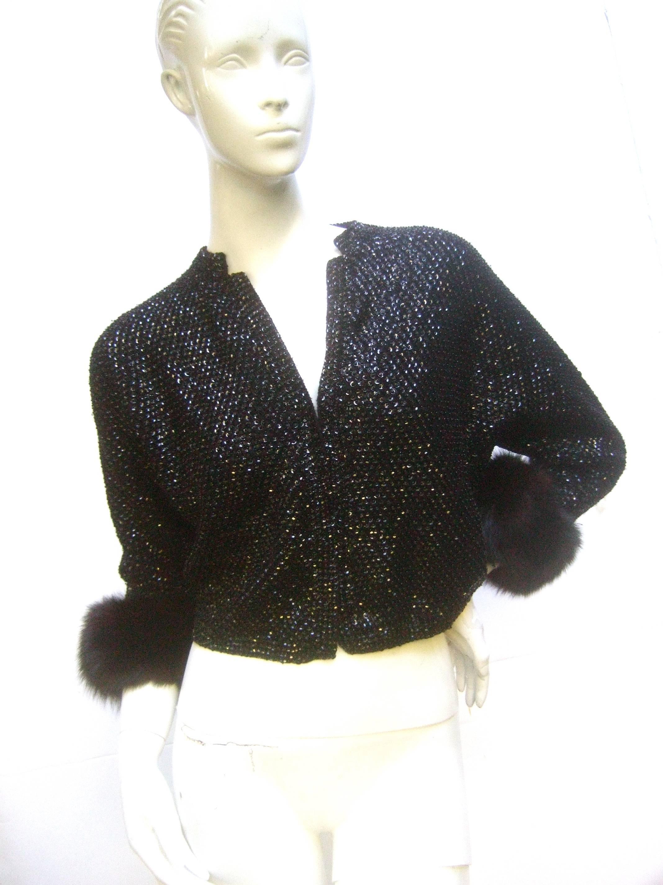 Saks Fifth Avenue Elegant Black Sequined Fox Trim Cardigan c 1970s  4