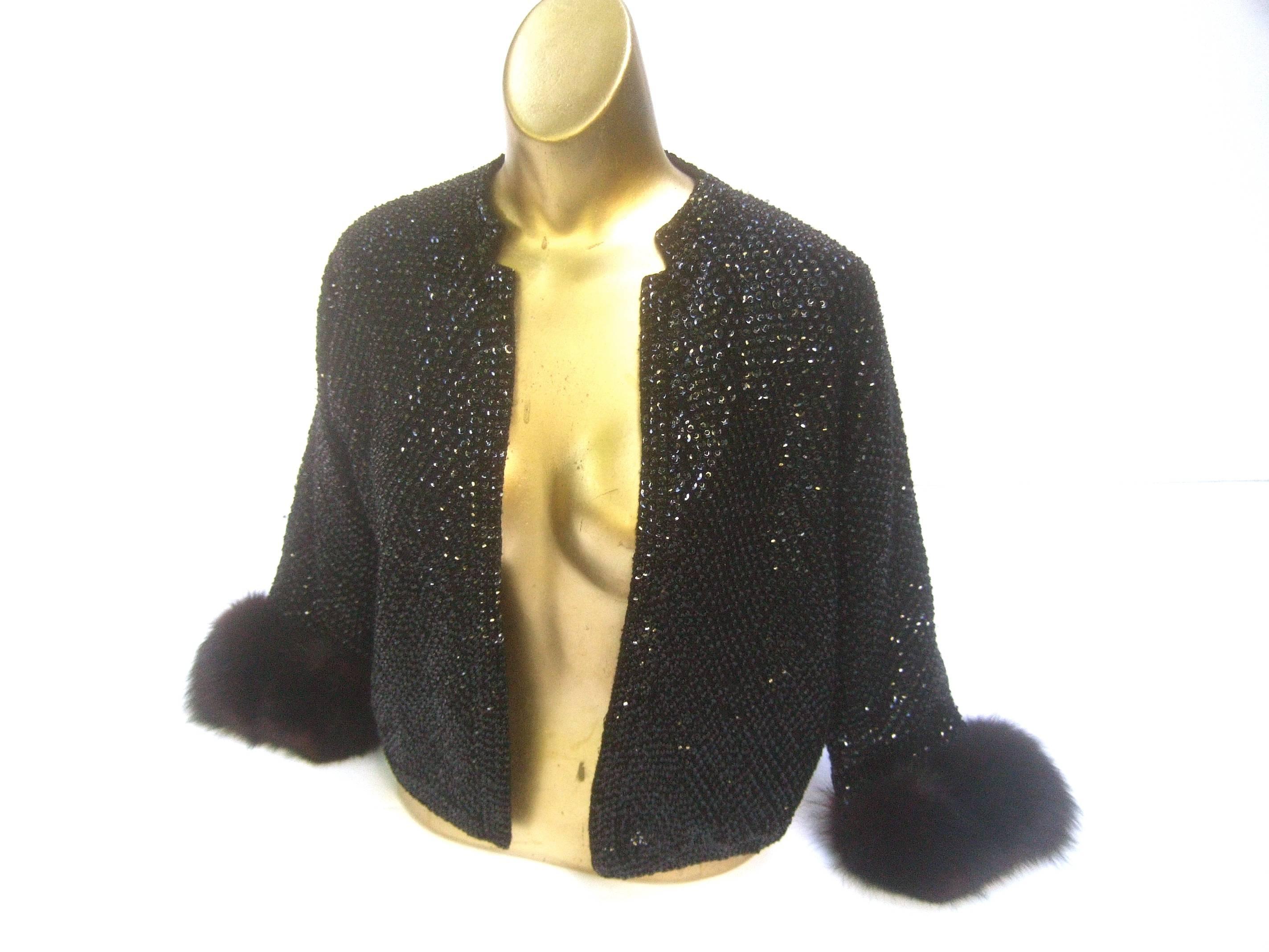 Women's Saks Fifth Avenue Elegant Black Sequined Fox Trim Cardigan c 1970s 