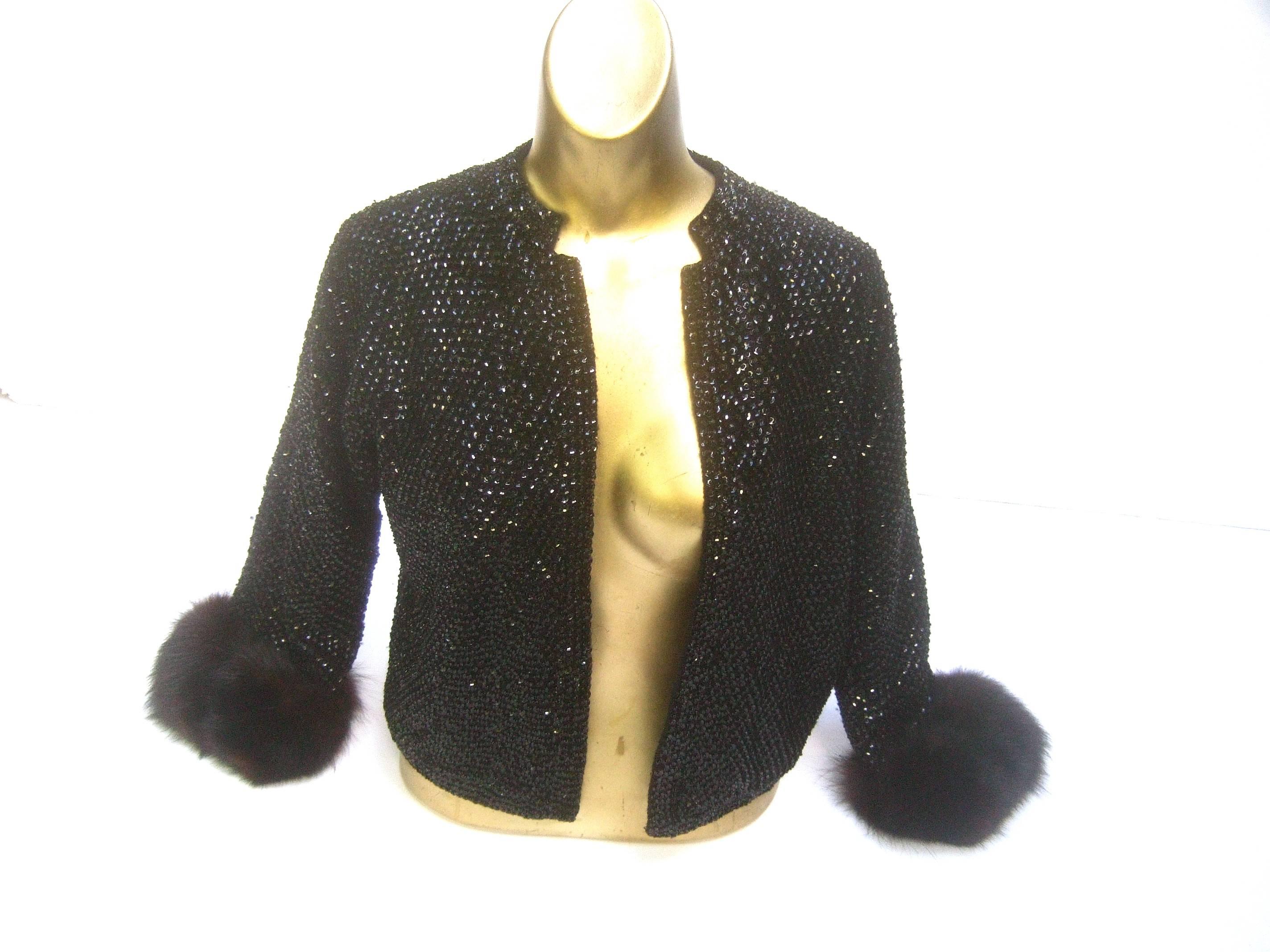Saks Fifth Avenue Elegant Black Sequined Fox Trim Cardigan c 1970s  2