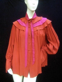 Roger & Gallet Paris Copper Fuchsia Silk Ruffled Tiered Bow Blouse c 1970s