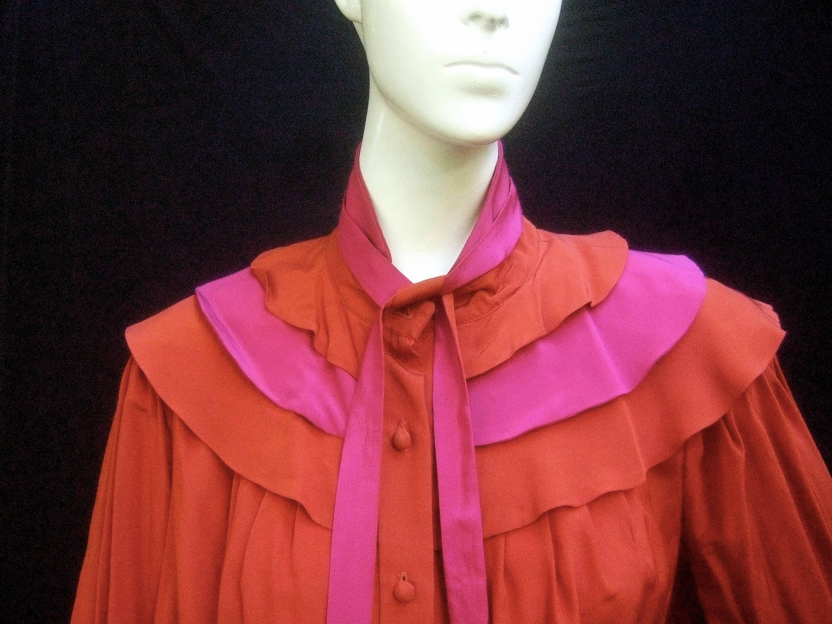 Roger & Gallet Paris Copper Fuchsia Silk Ruffled Tiered Bow Blouse c 1970s In Good Condition In University City, MO