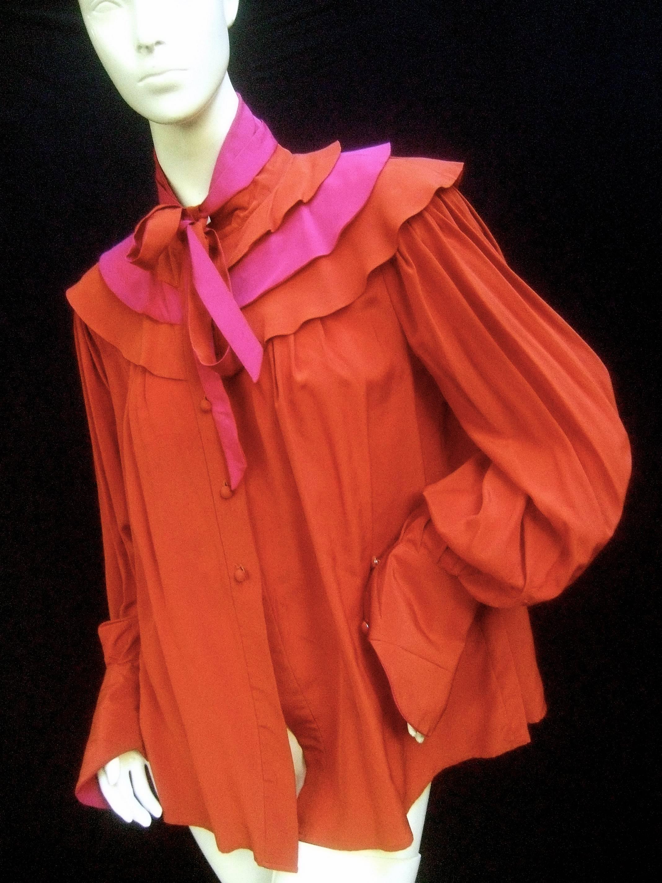 Women's Roger & Gallet Paris Copper Fuchsia Silk Ruffled Tiered Bow Blouse c 1970s
