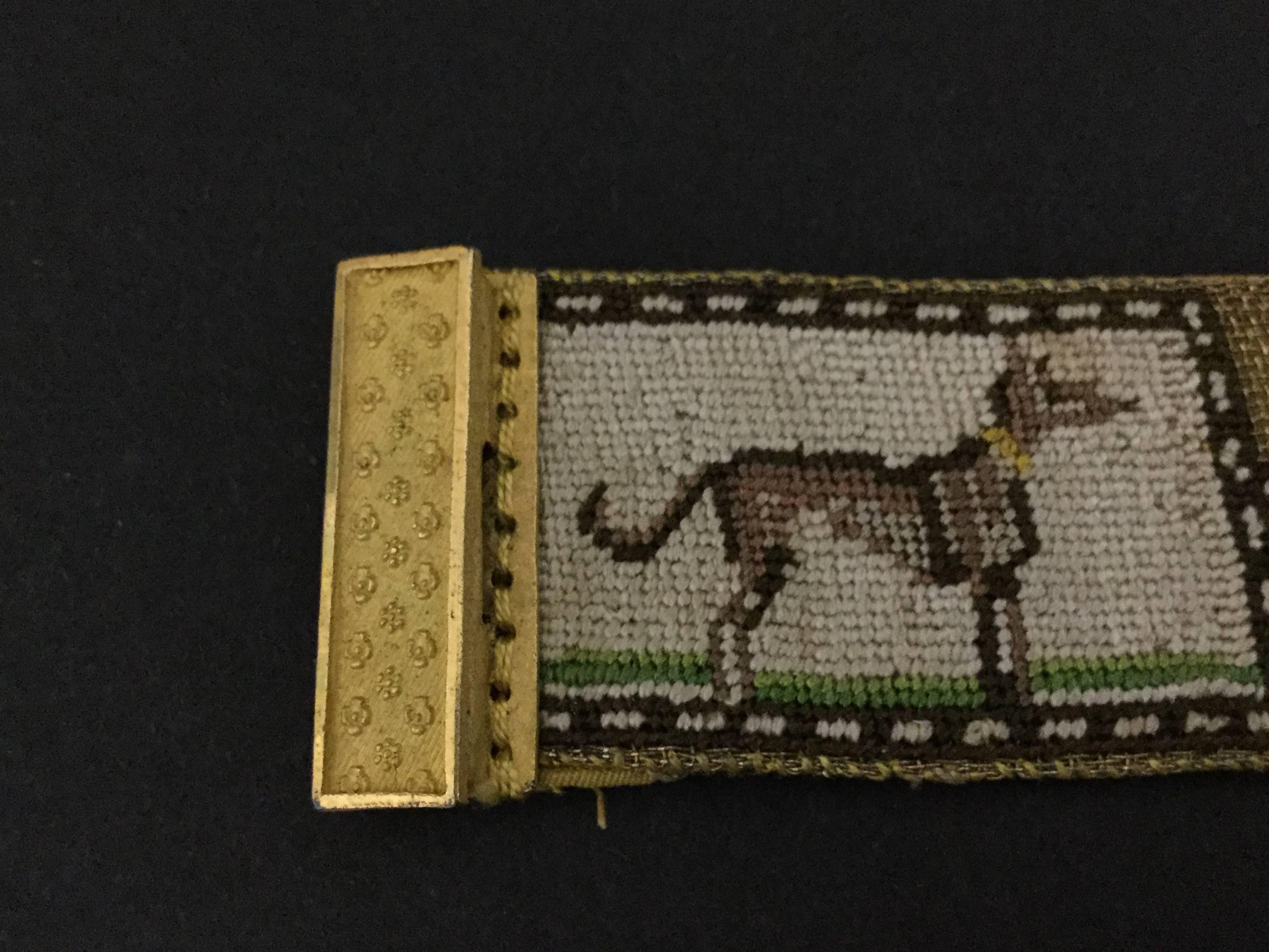 Finely Embroidered Regency Dog and Bird Pinchbeck Cuff Bracelet.1820's. British. 1