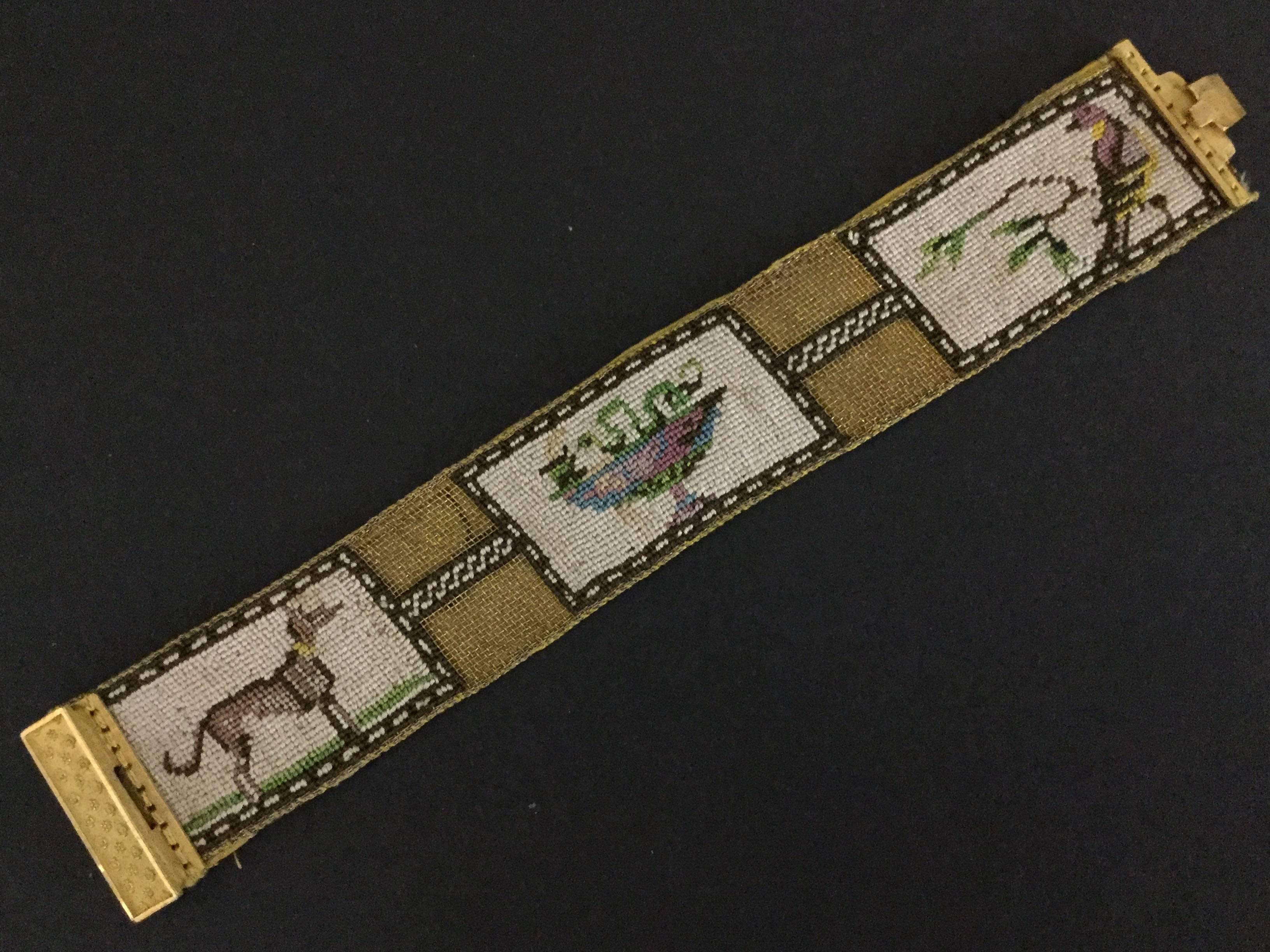 Finely Embroidered Regency Dog and Bird Pinchbeck Cuff Bracelet.1820's. British. 2