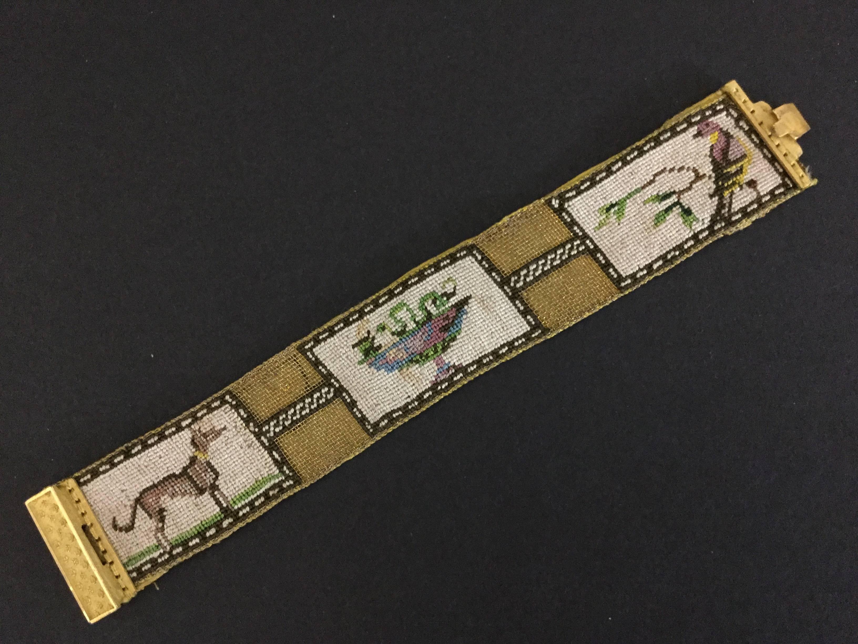 Finely Embroidered Regency Dog and Bird Pinchbeck Cuff Bracelet.1820's. British. 4