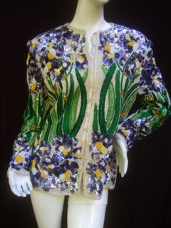 Exquisite Silk Glass Beaded Floral Evening Jacket for Saks Fifth Avenue c 1980