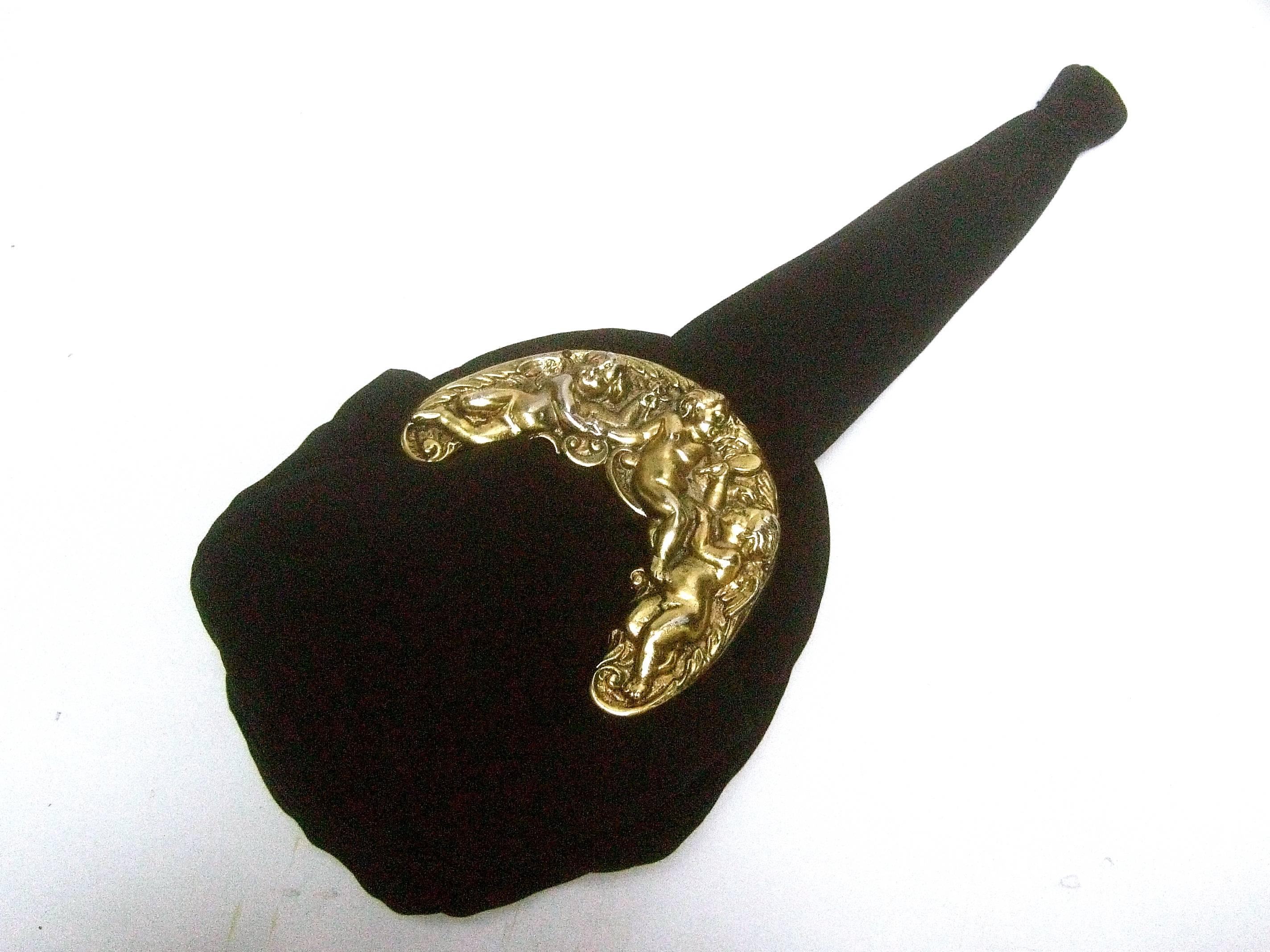 Ornate Brass Metal Cherub Emblem Black Cloth Evening Bag c 1950s For Sale 2