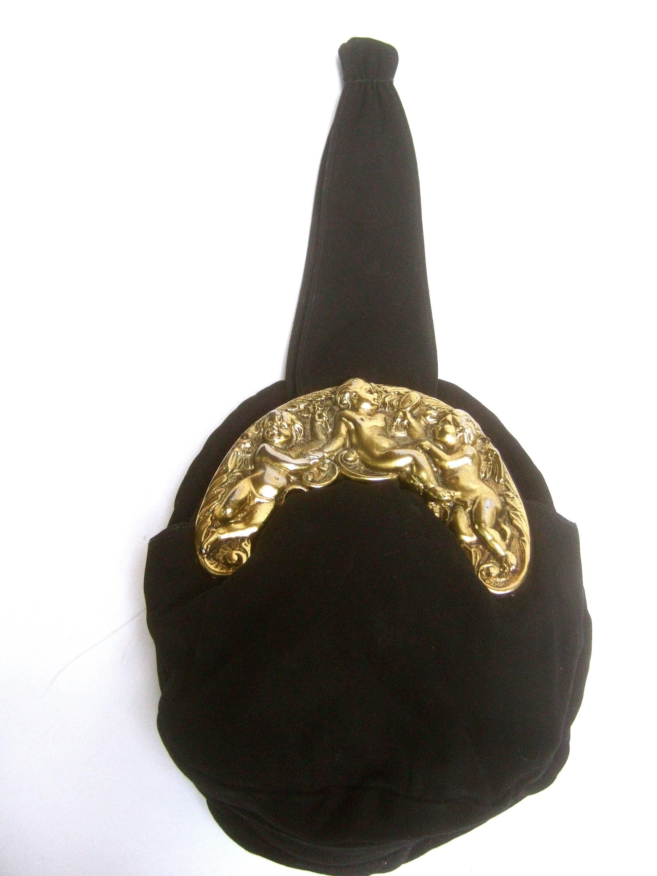 Ornate Brass Metal Cherub Emblem Black Cloth Evening Bag c 1950s For Sale 3