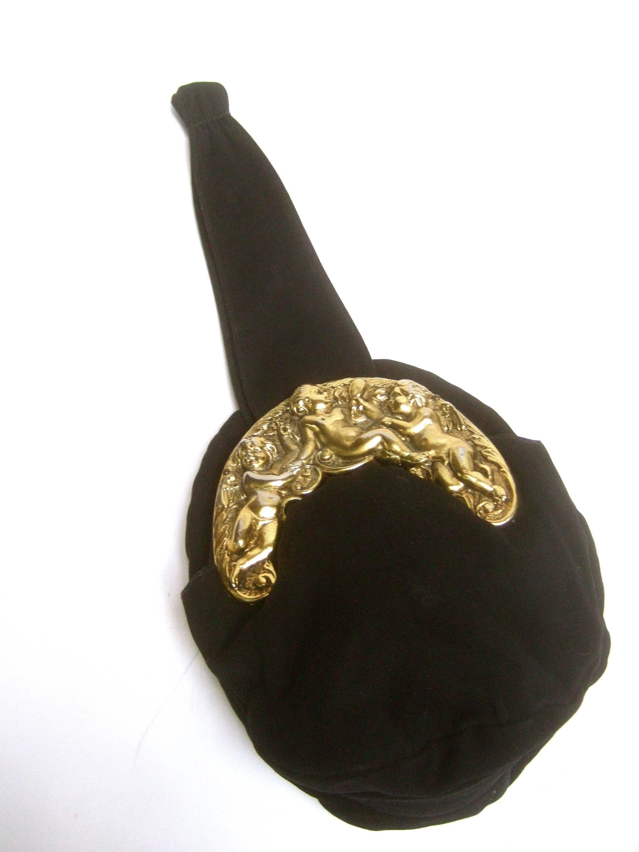 Ornate Brass Metal Cherub Emblem Black Cloth Evening Bag c 1950s For Sale 4