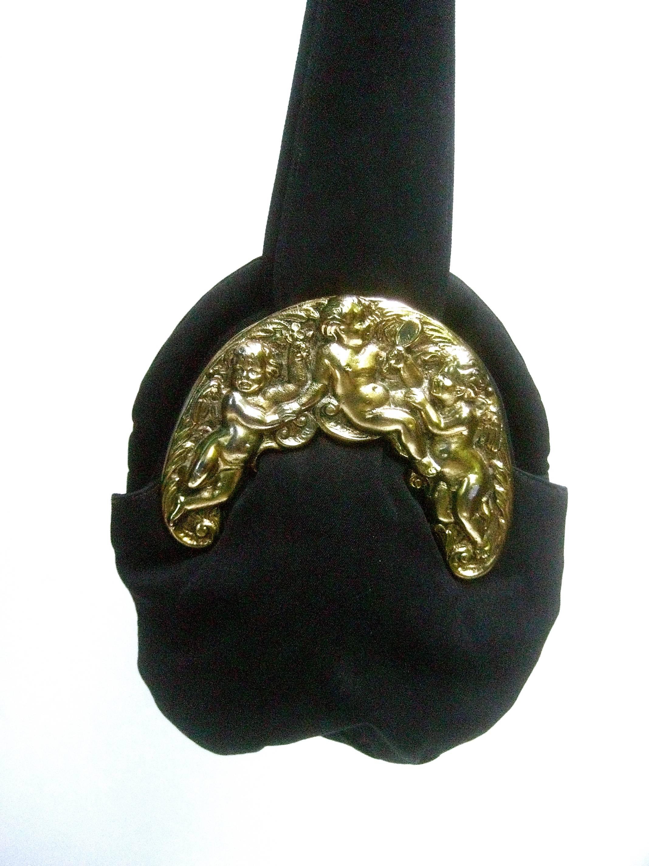 Ornate Brass Metal Cherub Emblem Black Cloth Evening Bag c 1950s For Sale 5