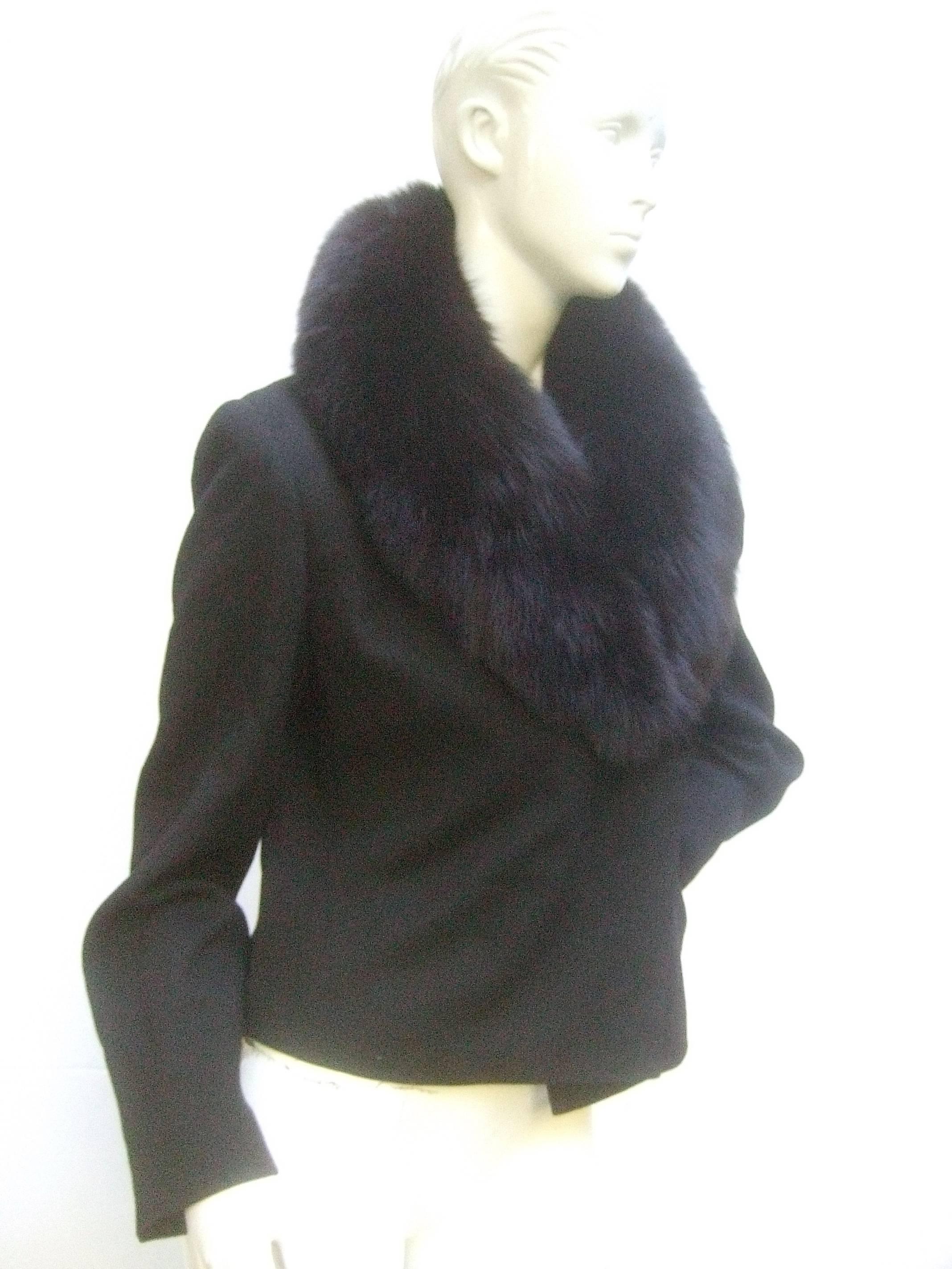 Neiman Marcus Fox Collar Black Wool Jacket c 1980s In Good Condition In University City, MO