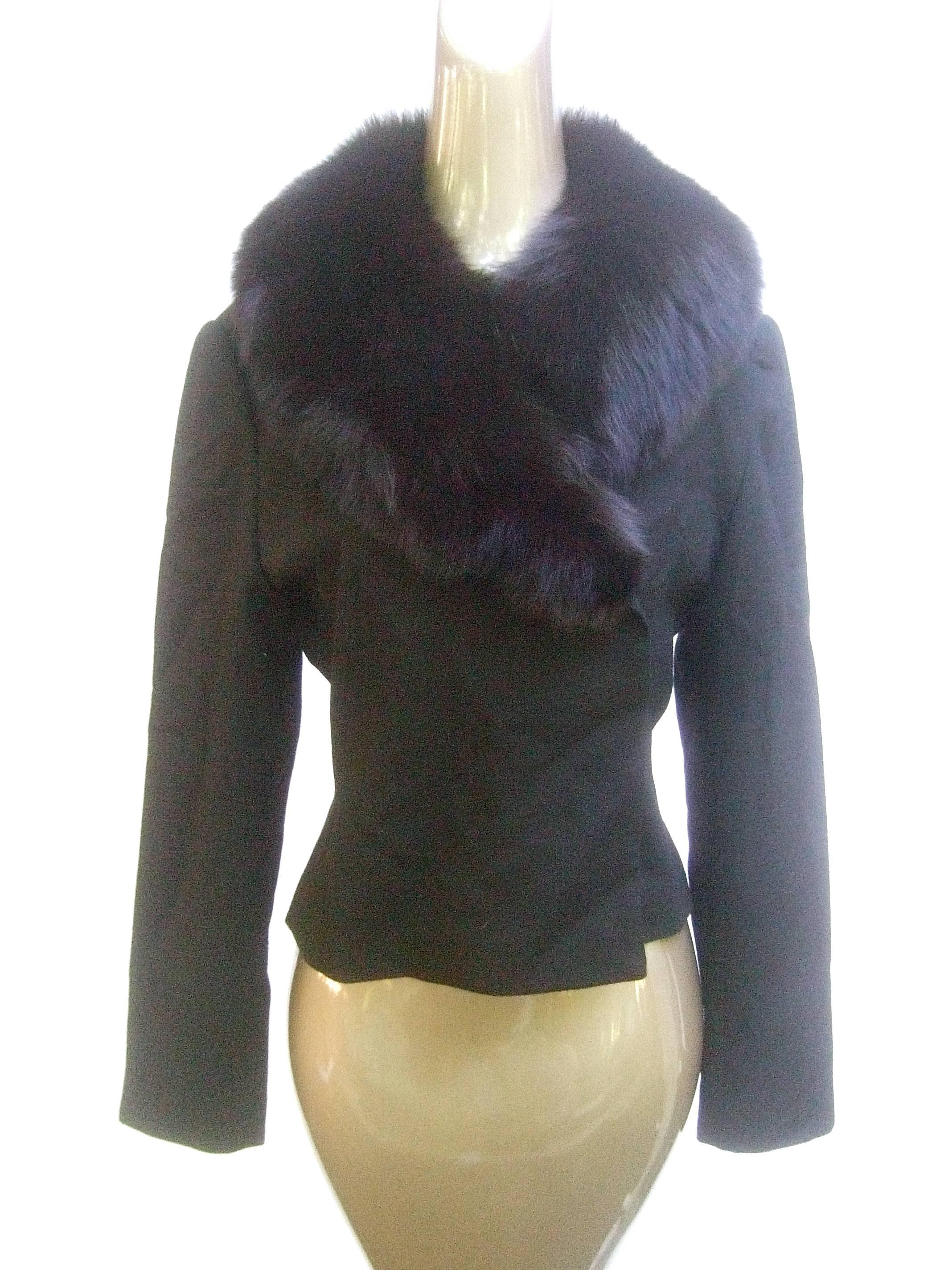Neiman Marcus Fox Collar Black Wool Jacket c 1980s 1