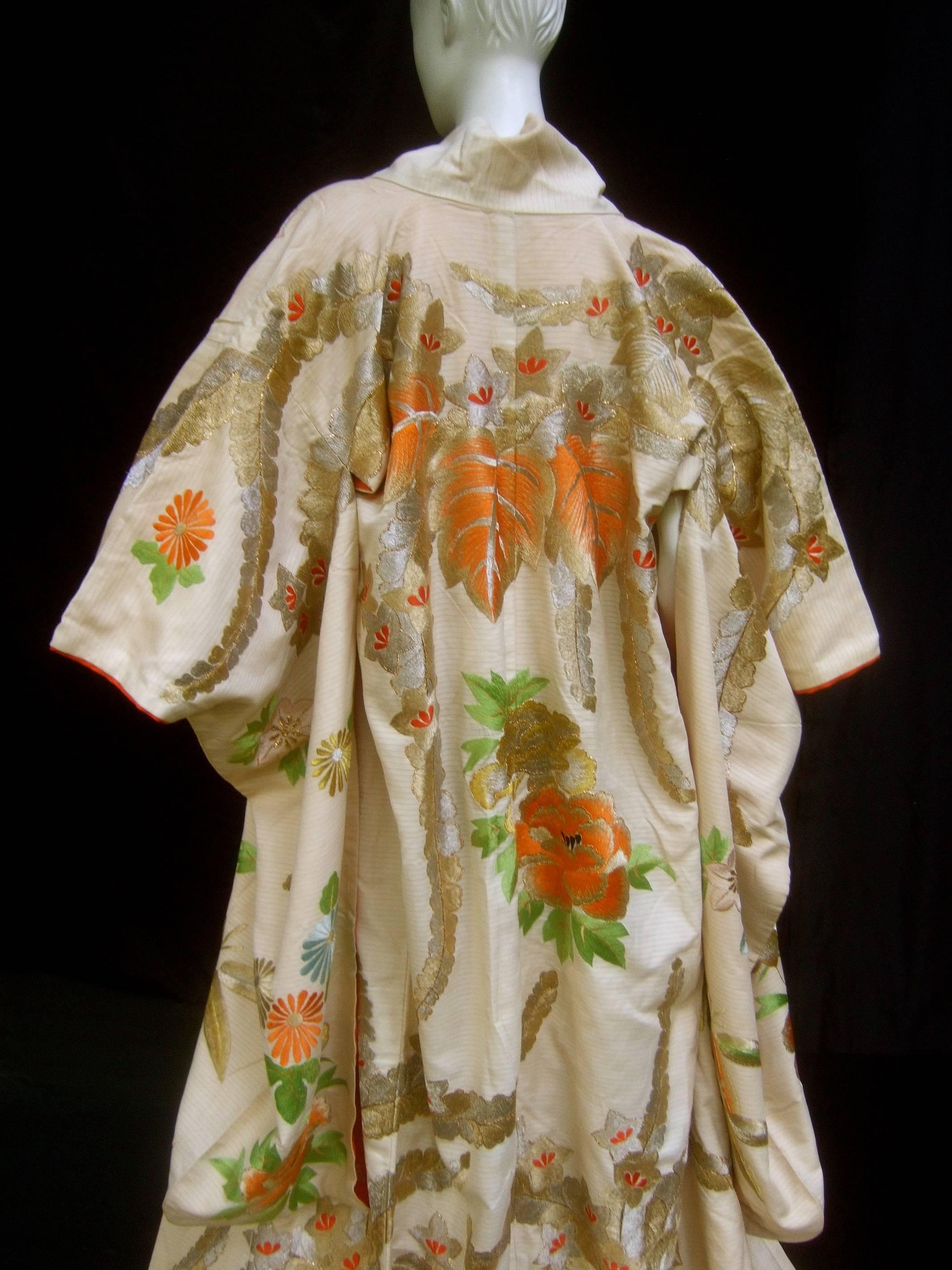 Beige Spectacular Floral Hand Embroidered Japanese Kimono c 1970 