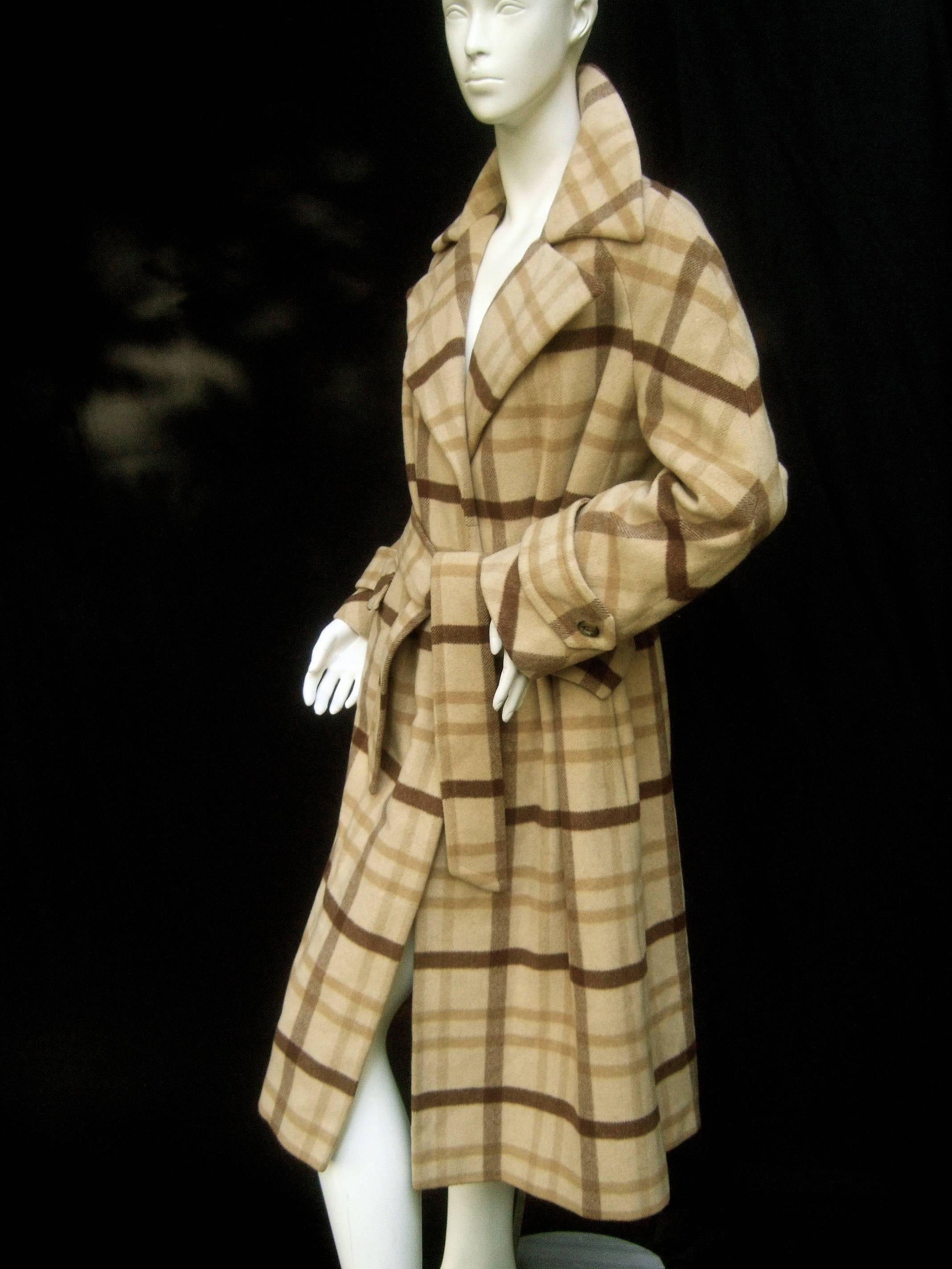 Brown Neiman Marcus Luxurious Cashmere Plaid Belted Trench Coat c 1970