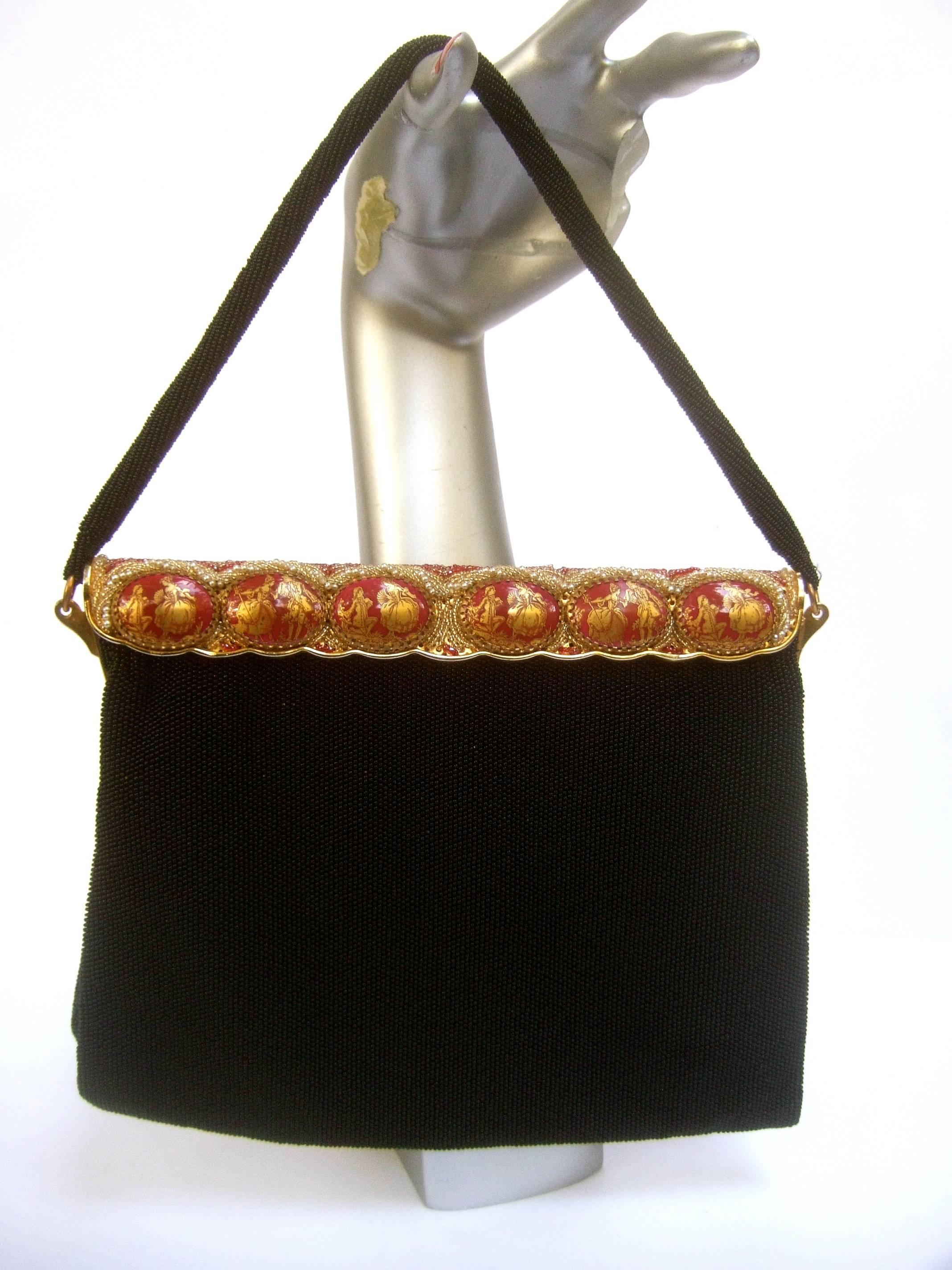 Opulent French Ebony Glass Beaded Evening Bag c 1960s In Good Condition In University City, MO