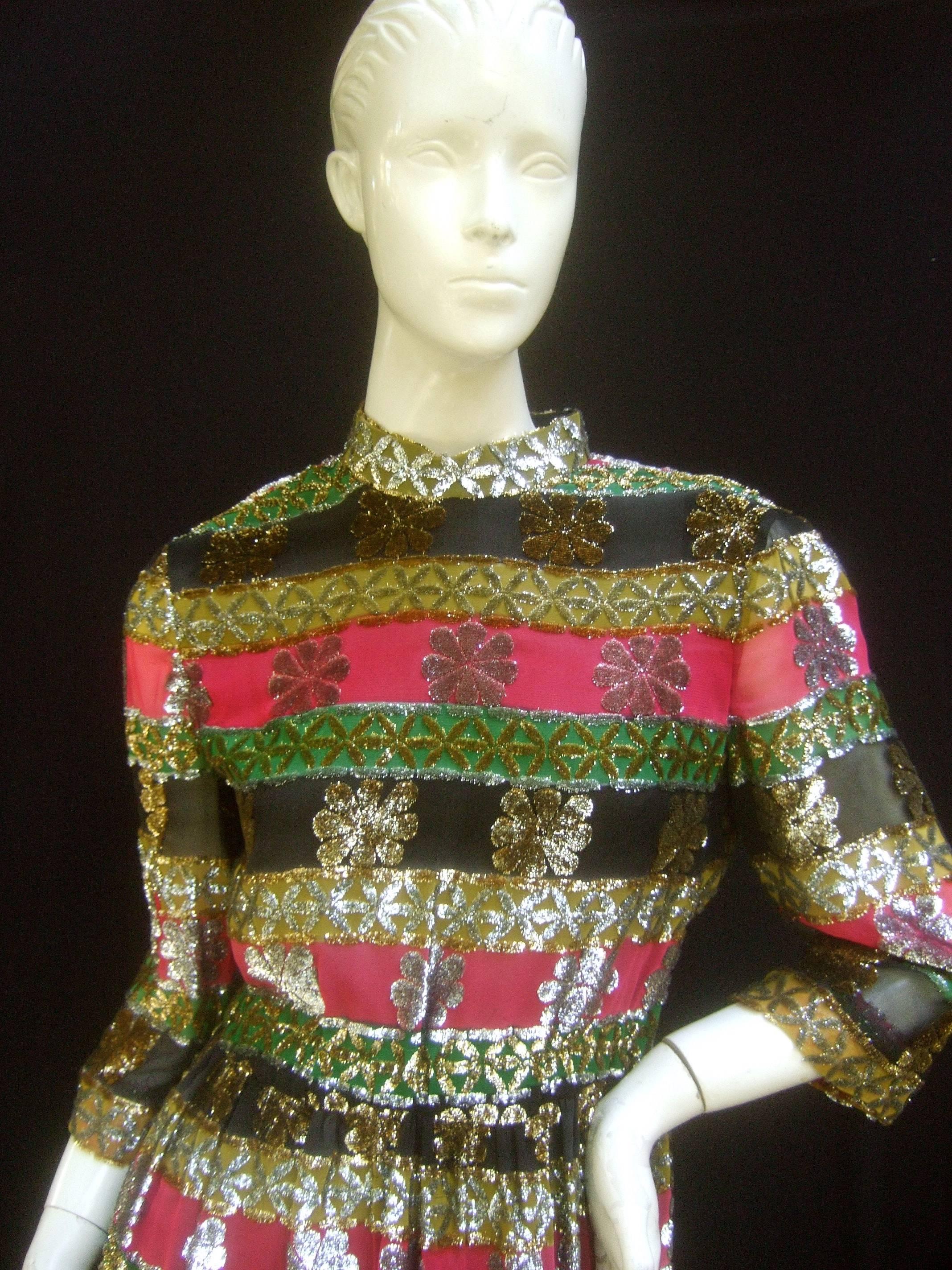 Brown Elegant Silk Devore Metallic Striped Dress by Montaldo's c 1970s