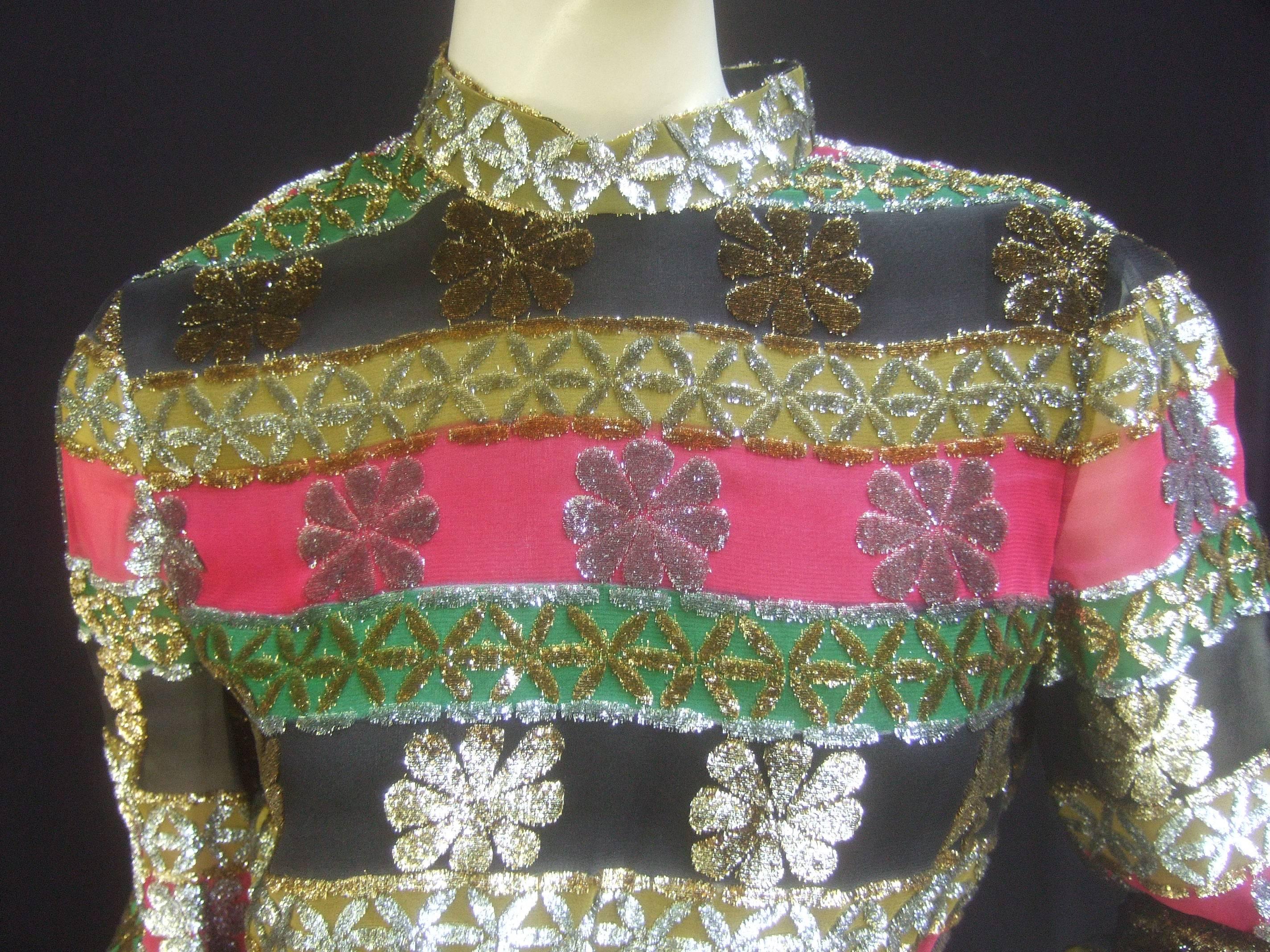 Women's Elegant Silk Devore Metallic Striped Dress by Montaldo's c 1970s
