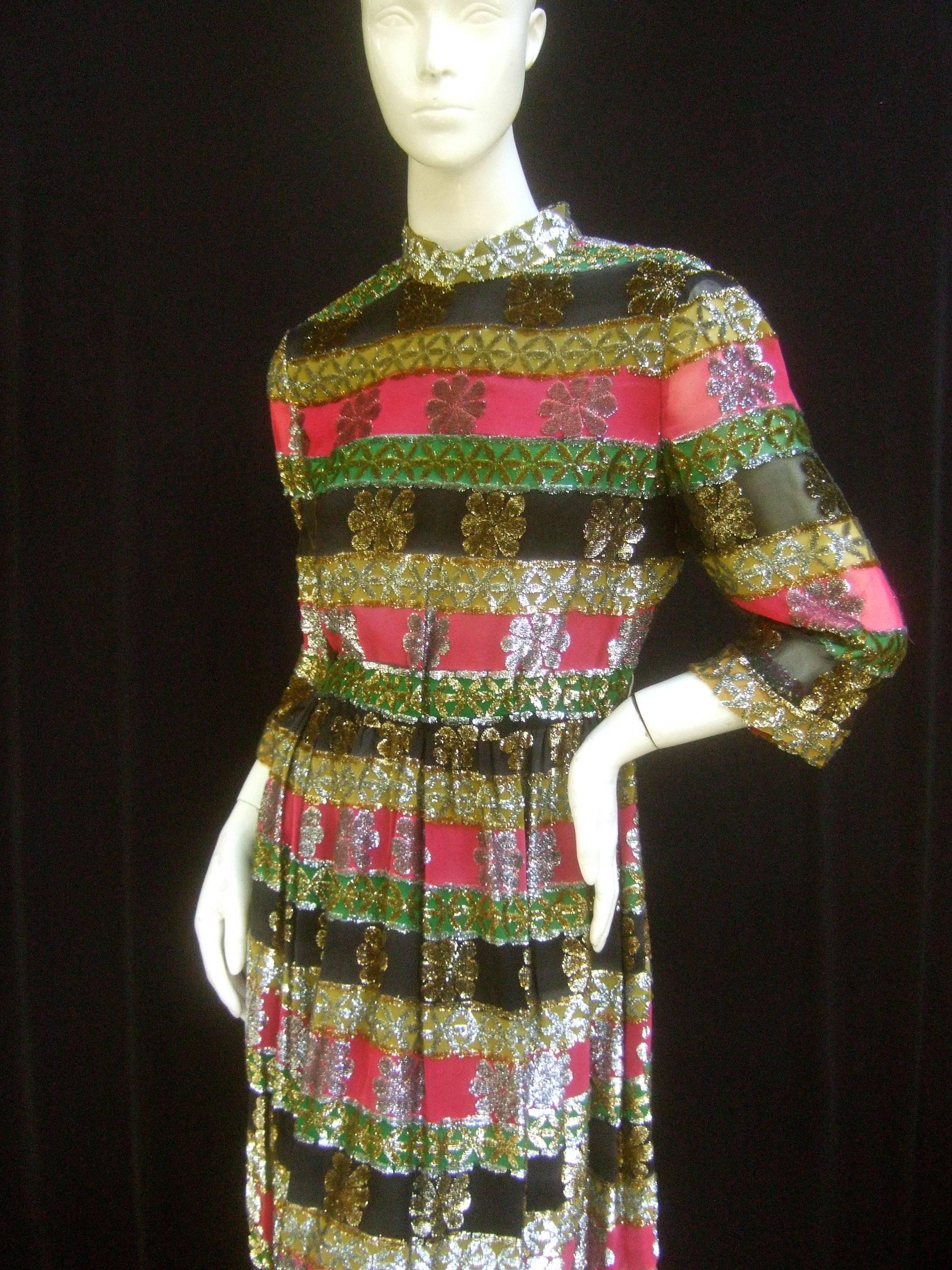 Elegant Silk Devore Metallic Striped Dress by Montaldo's c 1970s 1