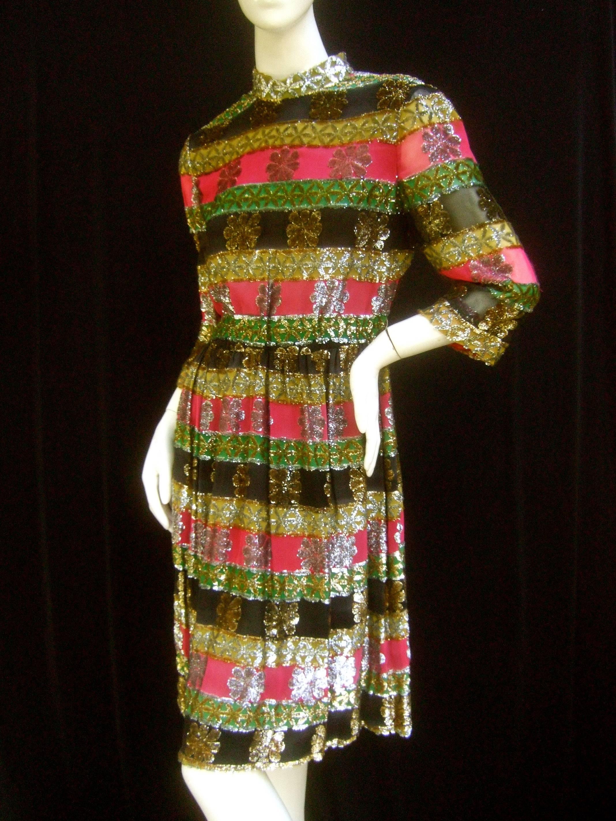 Elegant Silk Devore Metallic Striped Dress by Montaldo's c 1970s 3