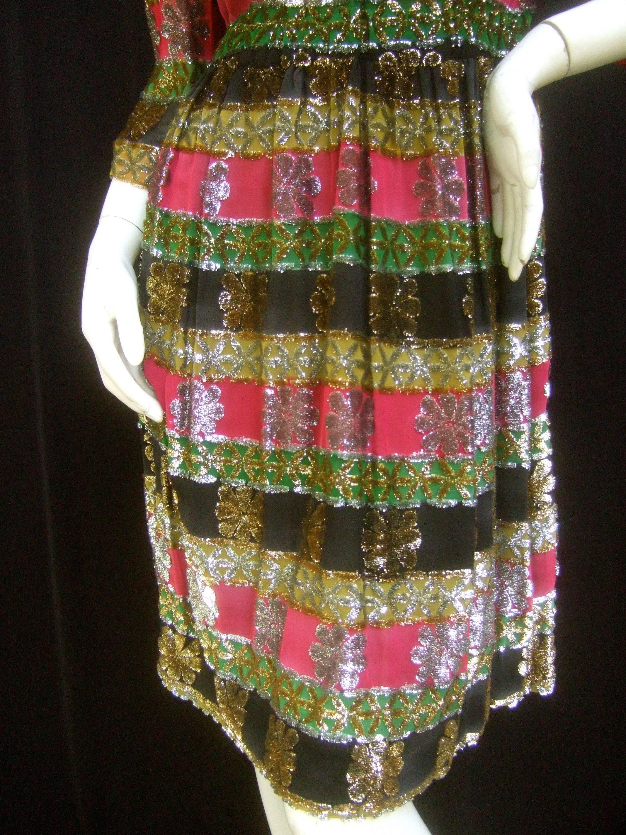 Elegant Silk Devore Metallic Striped Dress by Montaldo's c 1970s 4