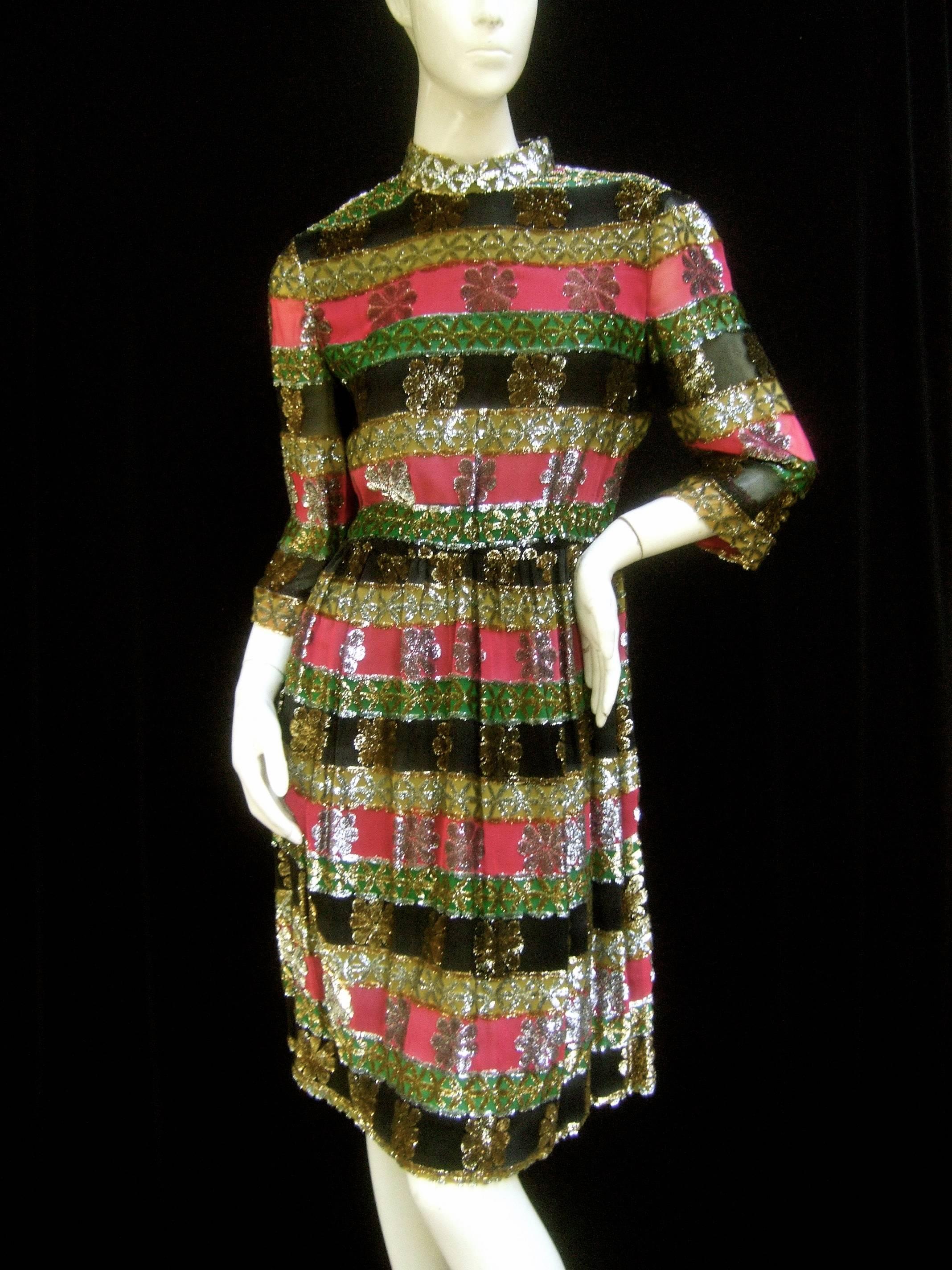 Elegant Silk Devore Metallic Striped Dress by Montaldo's c 1970s 2