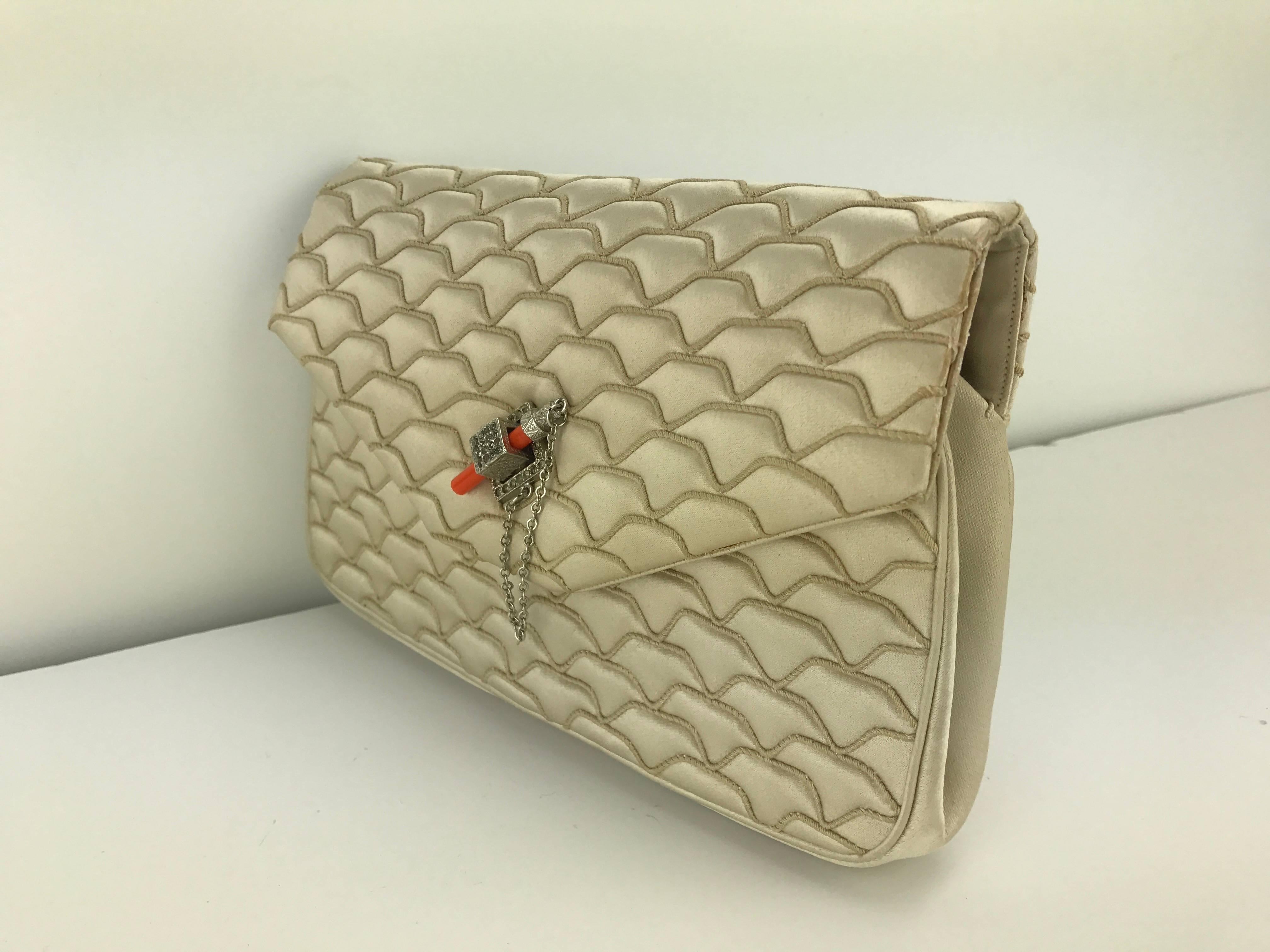 Beige Judith Leiber Quilted Champagne Silk Bag with Faux Coral Clasp, 1980's For Sale