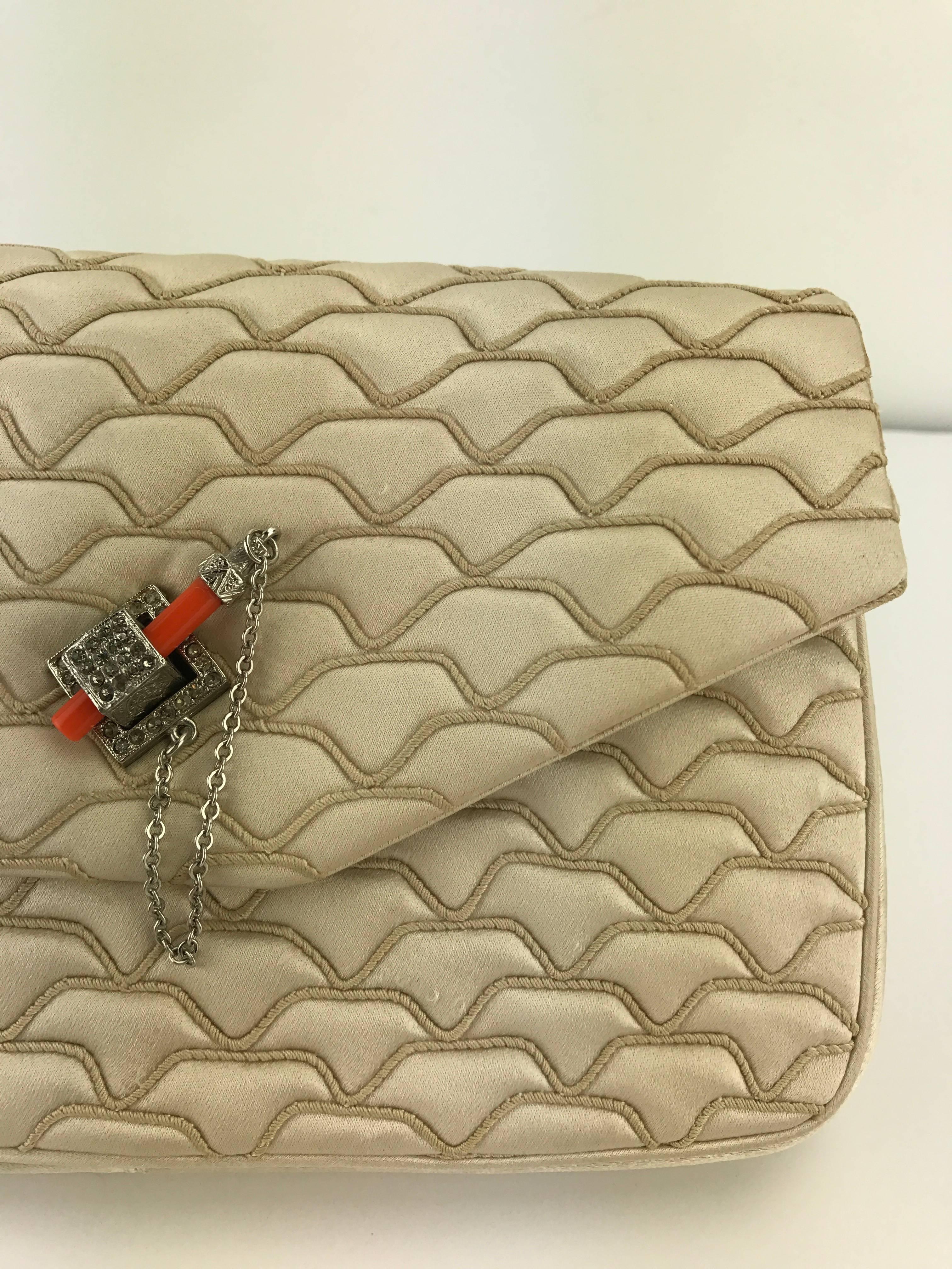 Judith Leiber Quilted Champagne Silk Bag with Faux Coral Clasp, 1980's For Sale 3